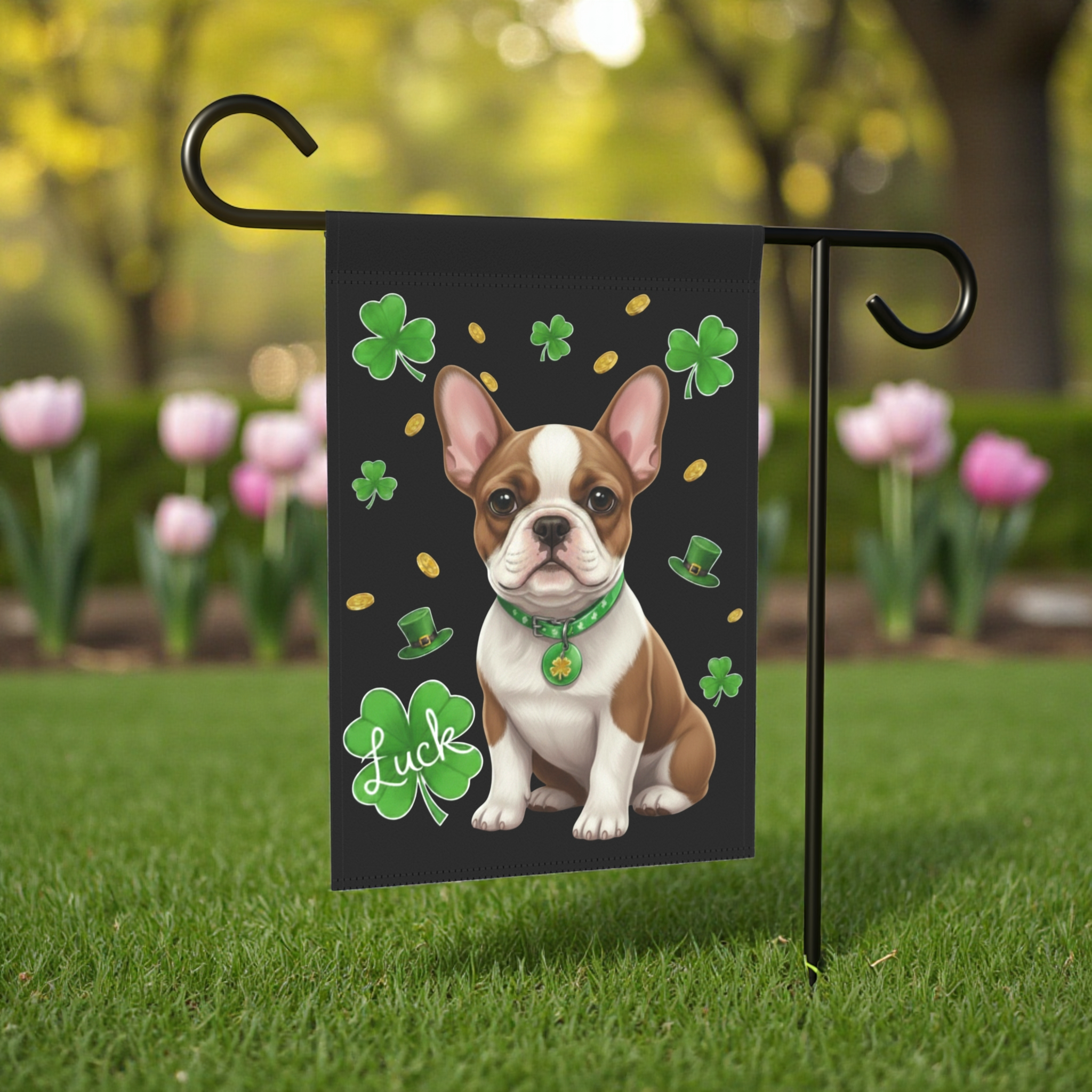 Luck French Bulldog St. Patrick’s Day Garden Flag - size comparison - Dragonfire Gardens
