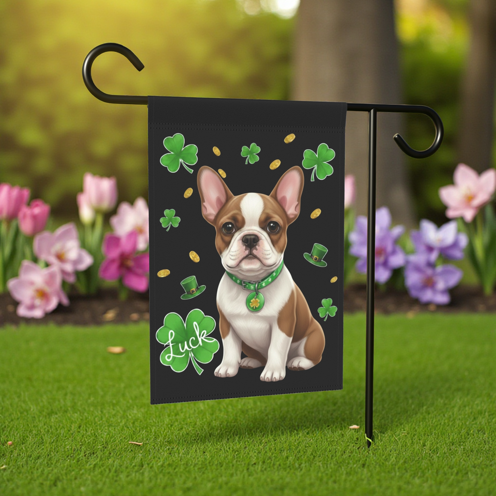 Luck French Bulldog St. Patrick’s Day Garden Flag - lifestyle display - Dragonfire Gardens