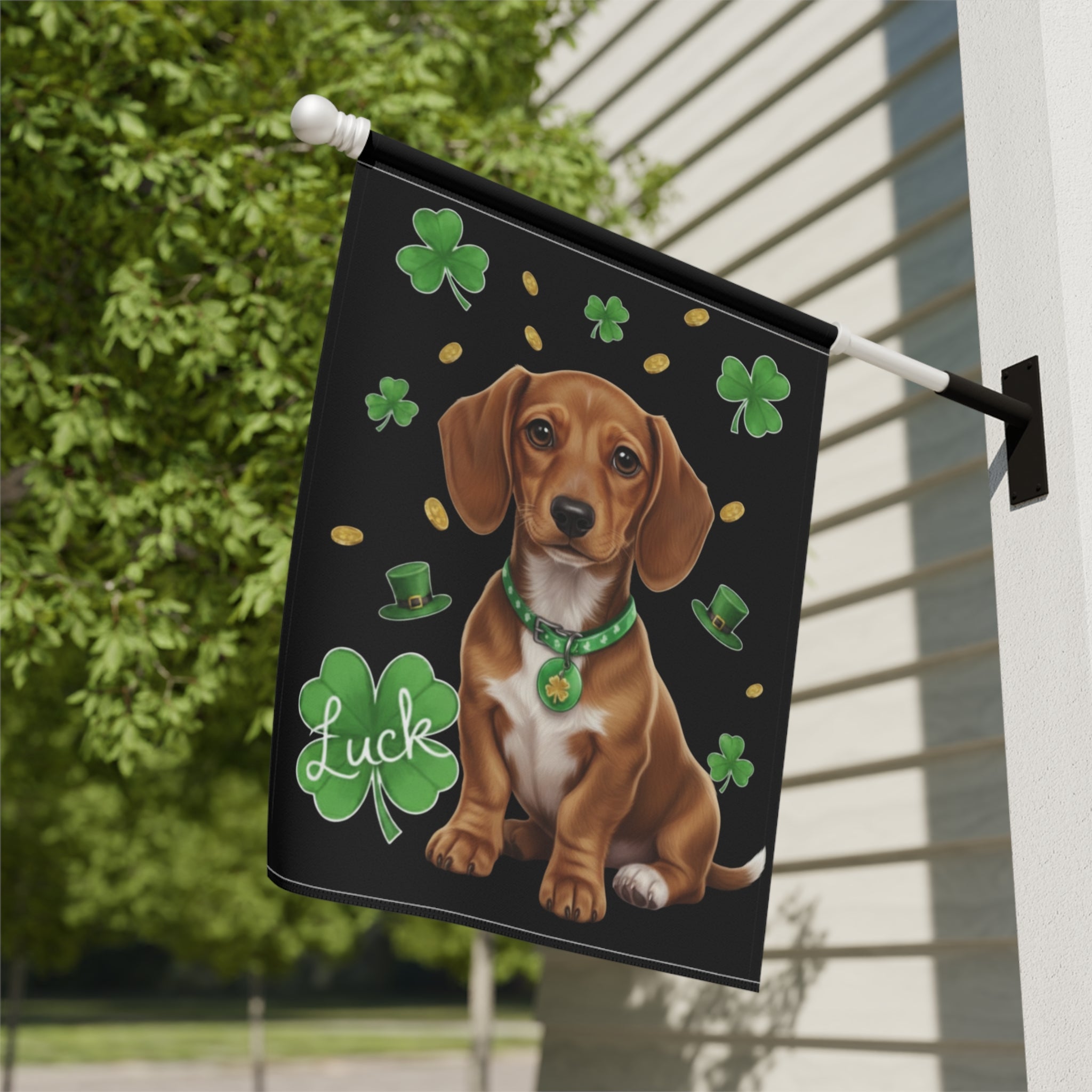 Luck Dachshund St. Patrick's Day Garden Flag - close-up detail - Dragonfire Gardens