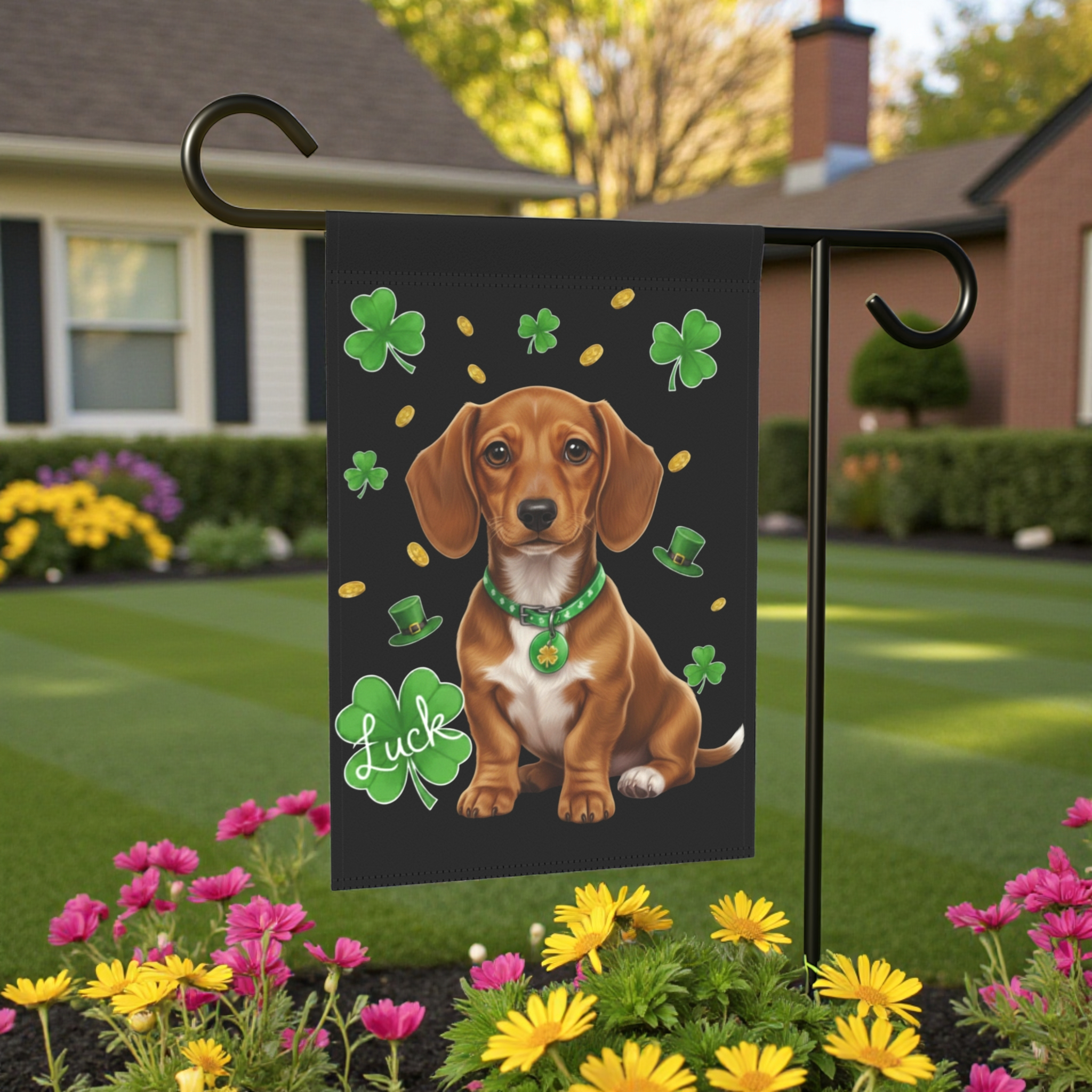 Luck Dachshund St. Patrick's Day Garden Flag - front view - Dragonfire Gardens