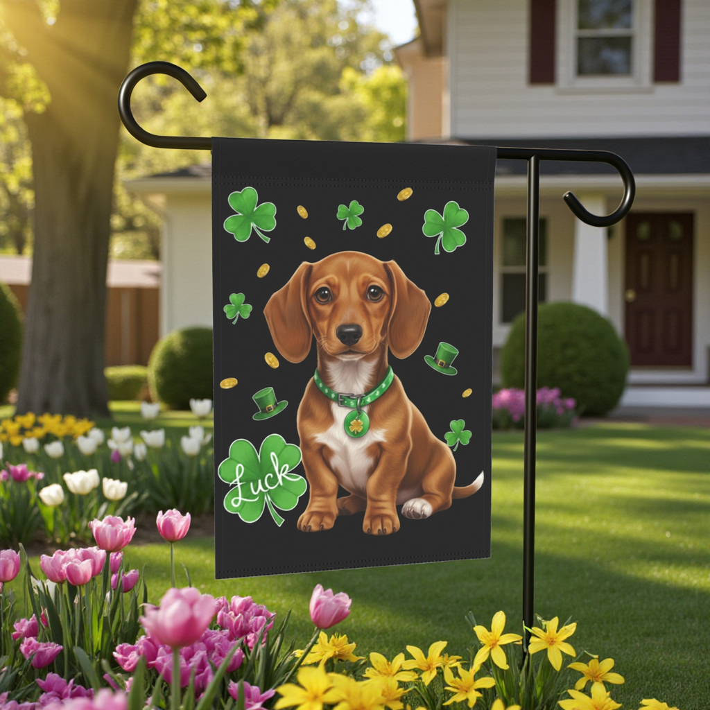 Luck Dachshund St. Patrick's Day Garden Flag - size comparison - Dragonfire Gardens