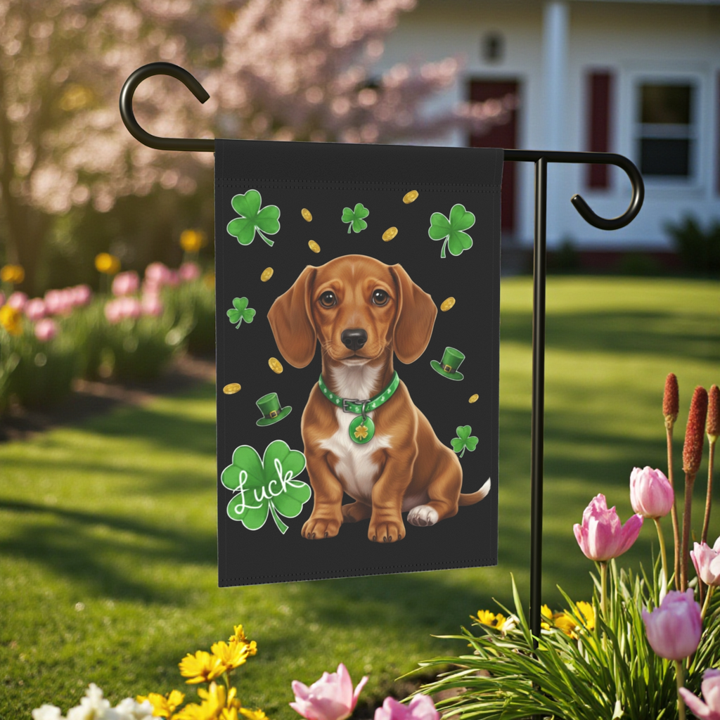 Luck Dachshund St. Patrick's Day Garden Flag - lifestyle display - Dragonfire Gardens