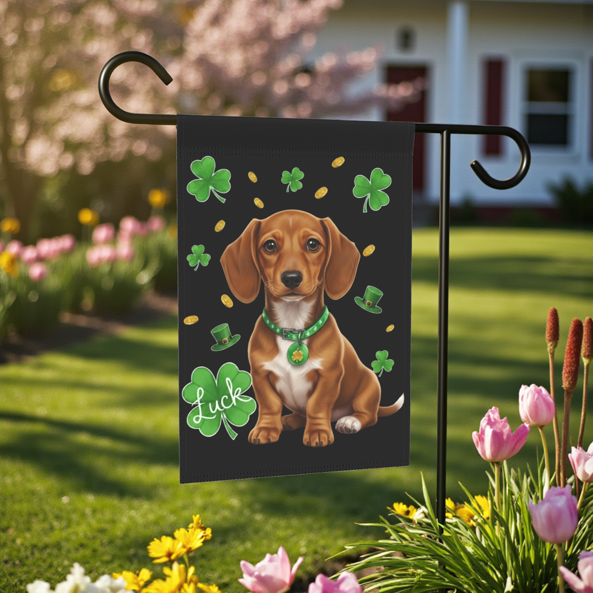 Luck Dachshund St. Patrick's Day Garden Flag - lifestyle display - Dragonfire Gardens
