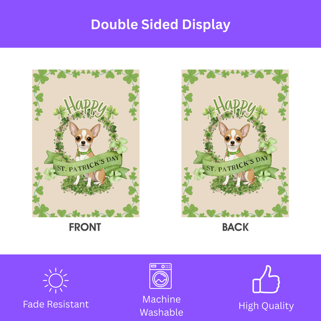 Happy St. Patrick’s Day Short Haired Chihuahua Garden Flag - double-sided design - Dragonfire Gardens