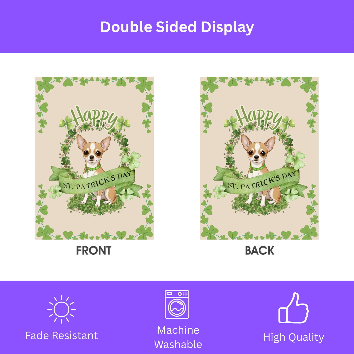 Happy St. Patrick’s Day Short Haired Chihuahua Garden Flag - double-sided design - Dragonfire Gardens