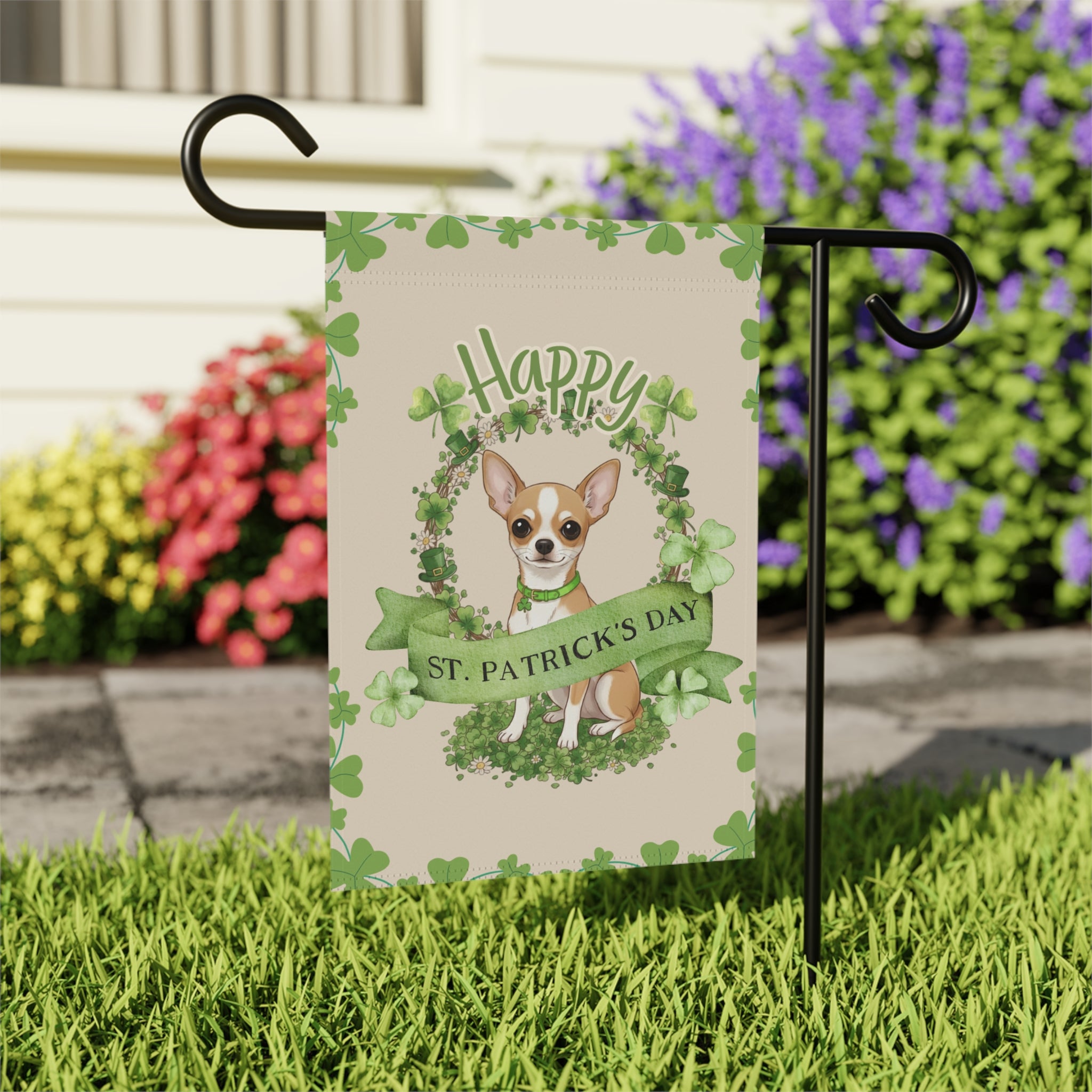 Happy St. Patrick’s Day Short Haired Chihuahua Garden Flag - outdoor display - Dragonfire Gardens