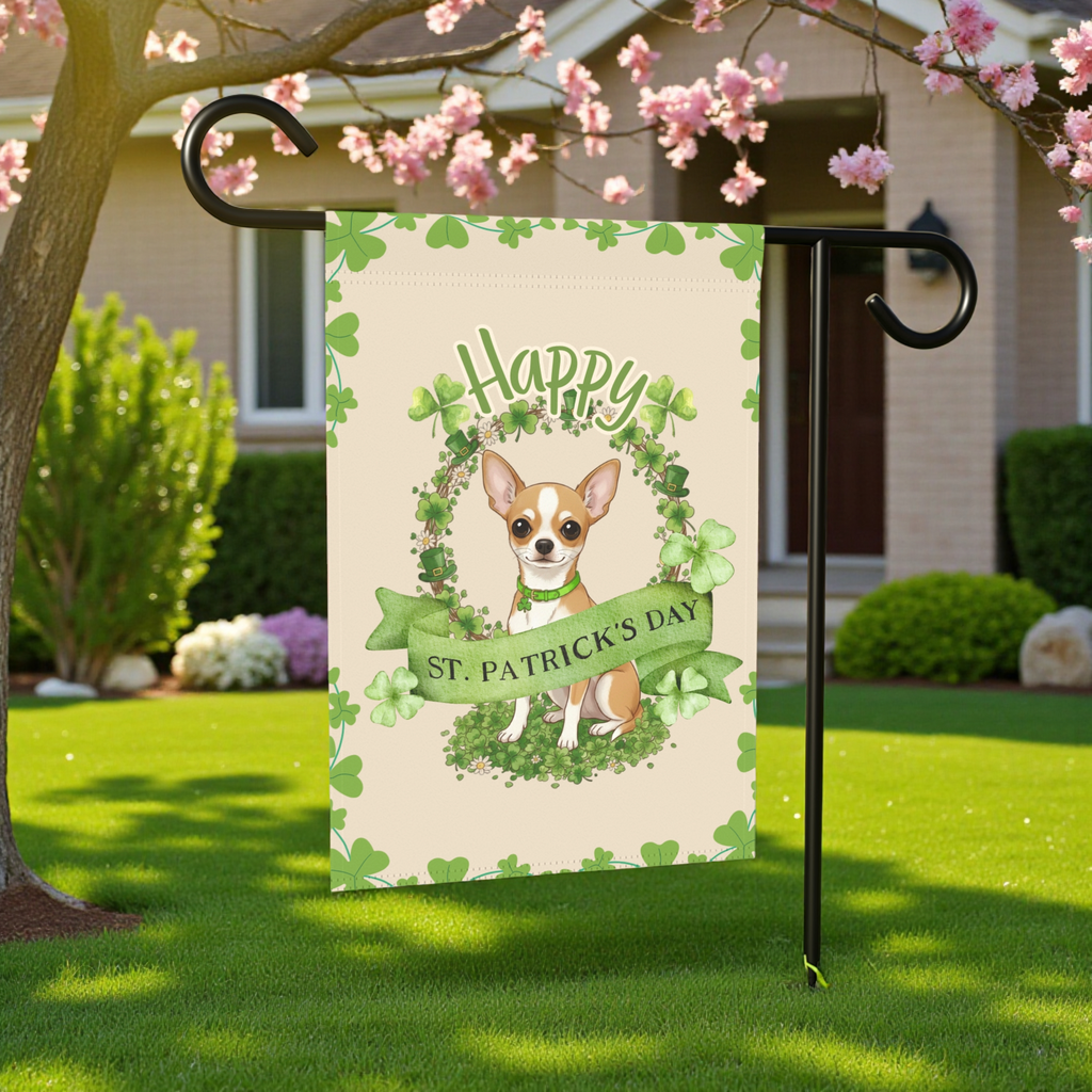 Happy St. Patrick’s Day Short Haired Chihuahua Garden Flag - size comparison - Dragonfire Gardens
