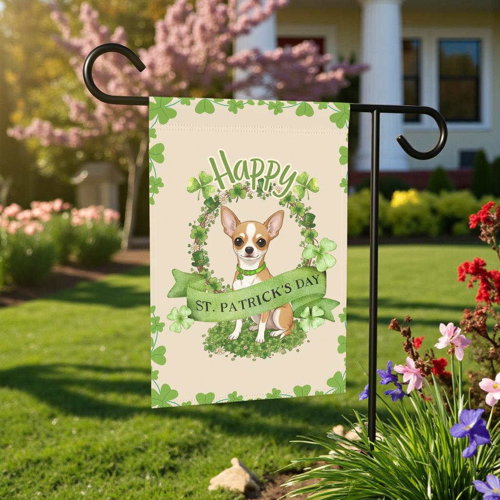 Happy St. Patrick’s Day Short Haired Chihuahua Garden Flag - front view - Dragonfire Gardens