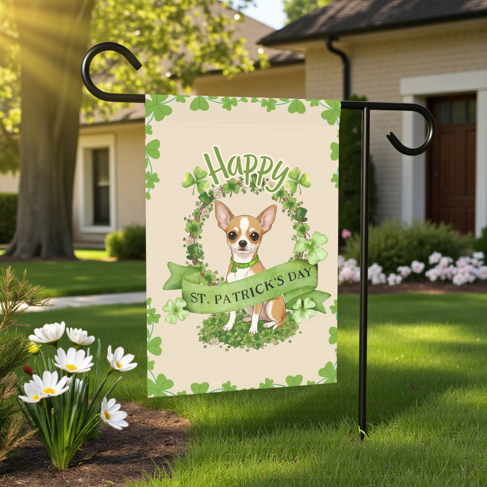 Happy St. Patrick’s Day Short Haired Chihuahua Garden Flag - lifestyle display - Dragonfire Gardens