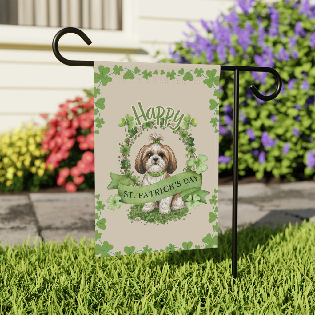 Happy St. Patrick's Day Shih Tzu Garden Flag - outdoor display - Dragonfire Gardens