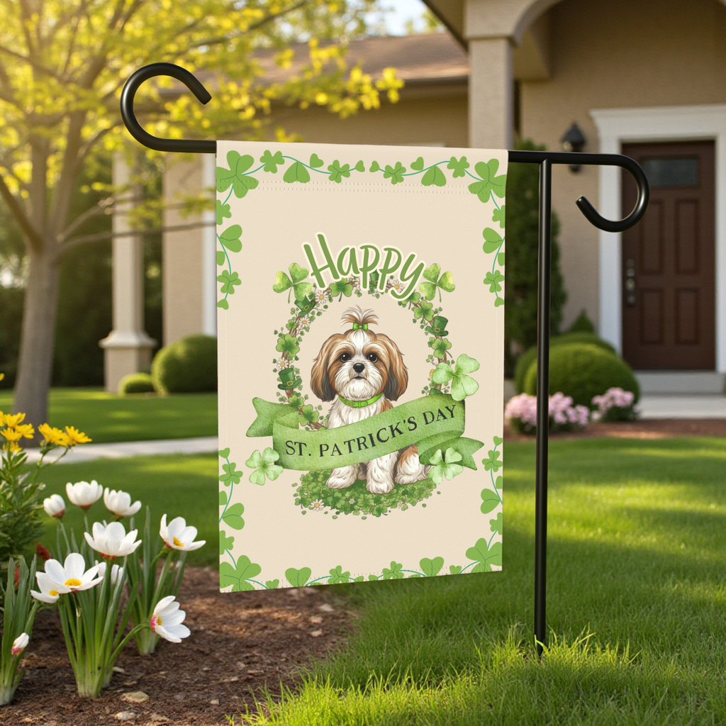 Happy St. Patrick's Day Shih Tzu Garden Flag - size comparison - Dragonfire Gardens