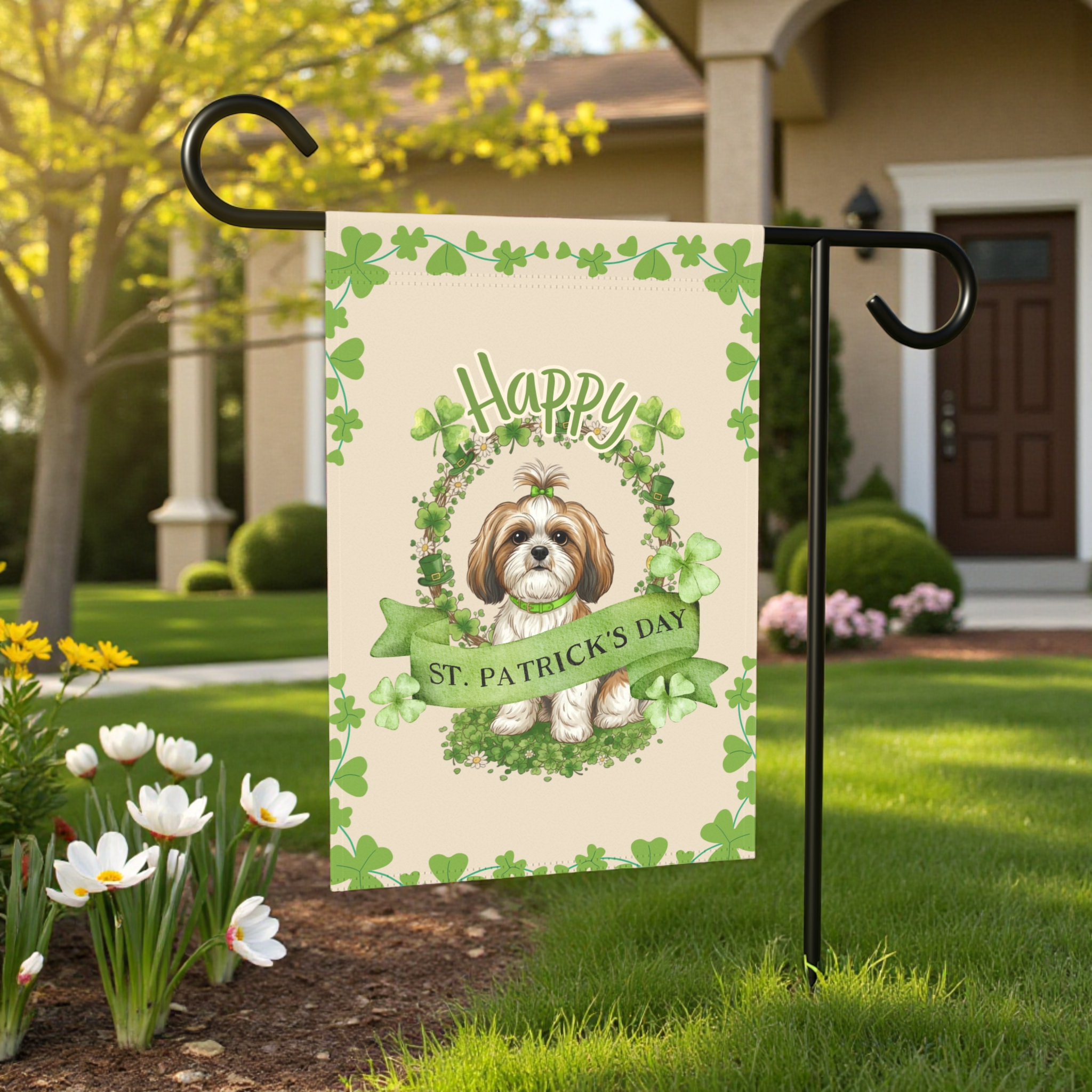 Happy St. Patrick's Day Shih Tzu Garden Flag - size comparison - Dragonfire Gardens