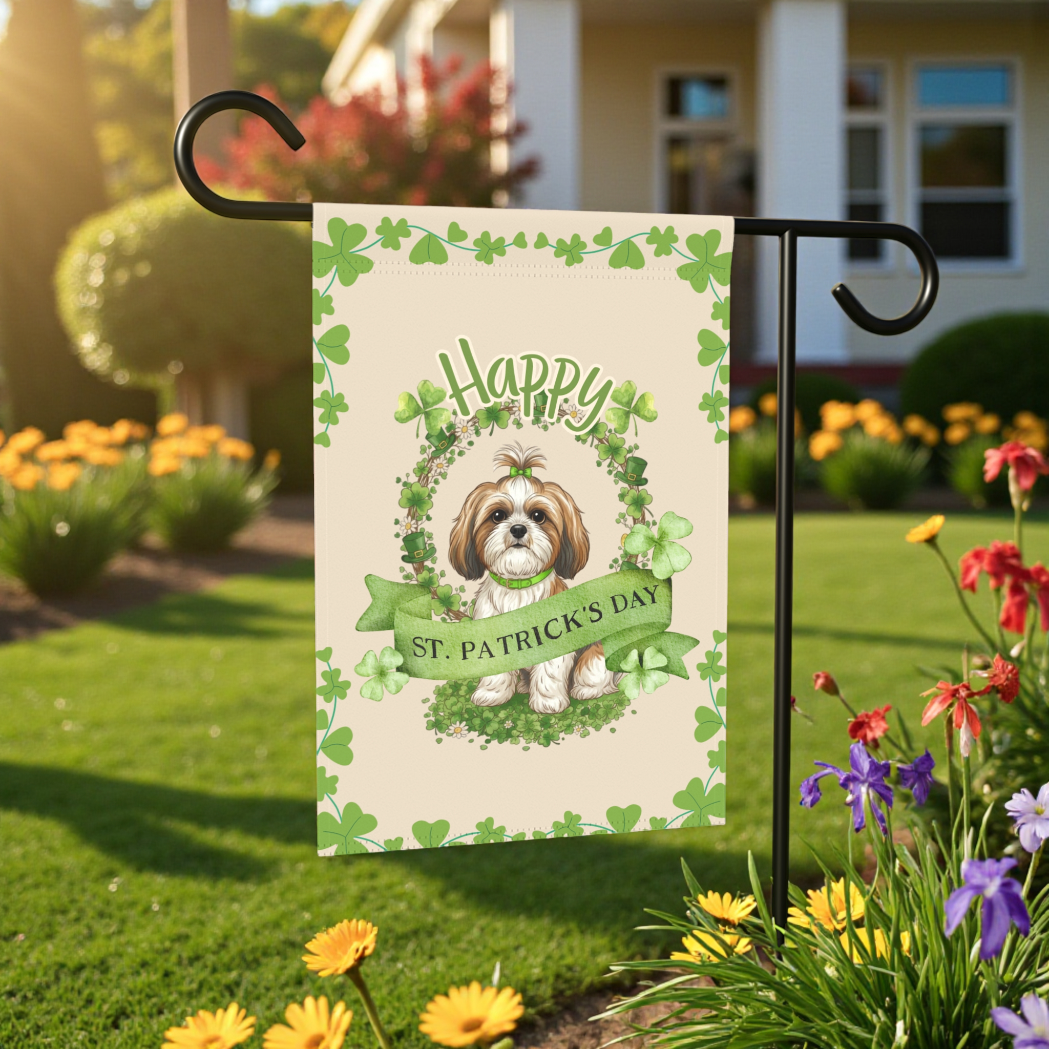 Happy St. Patrick's Day Shih Tzu Garden Flag - front view - Dragonfire Gardens