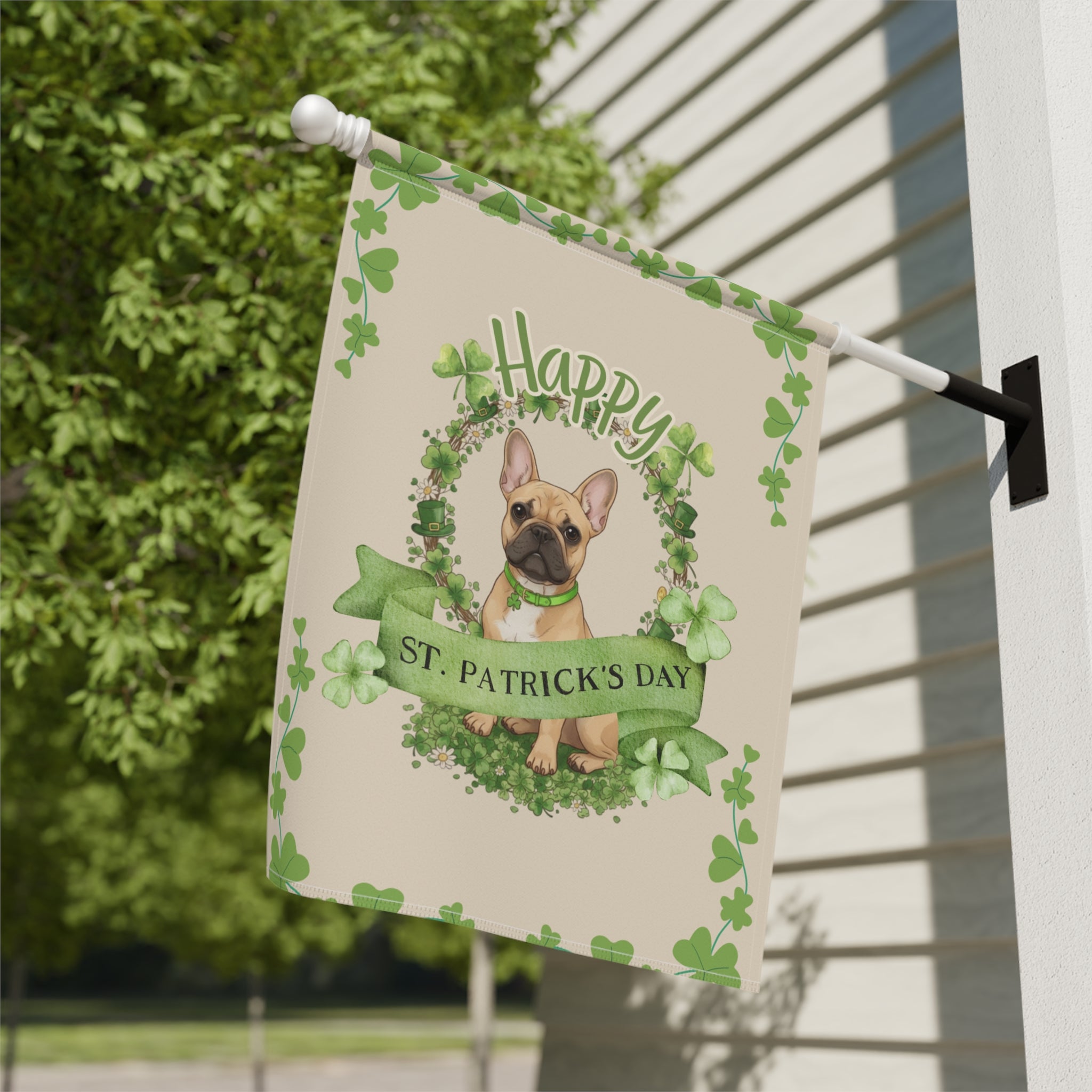 Happy St. Patrick's Day French Bulldog Garden Flag - close-up detail - Dragonfire Gardens