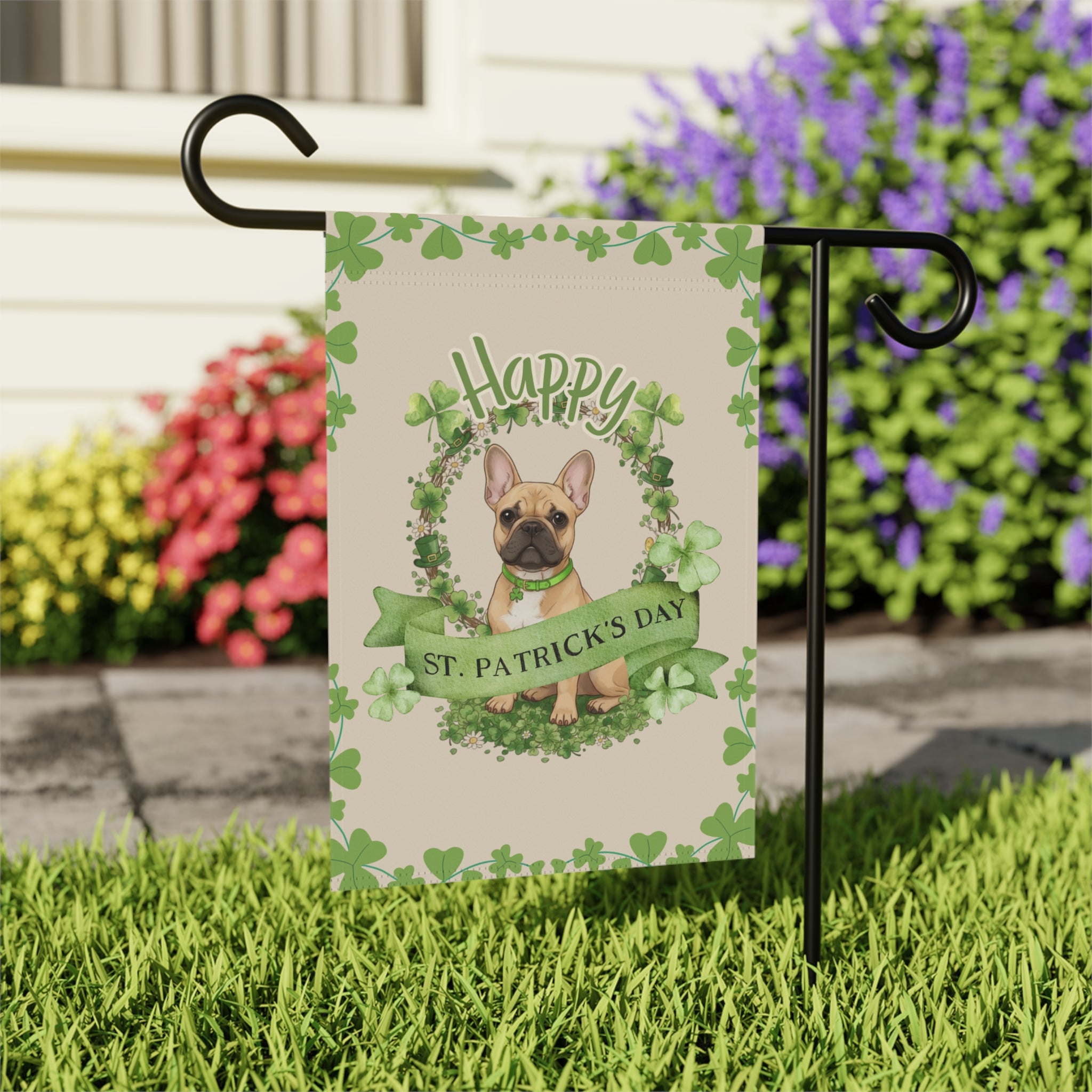 Happy St. Patrick's Day French Bulldog Garden Flag - outdoor display - Dragonfire Gardens