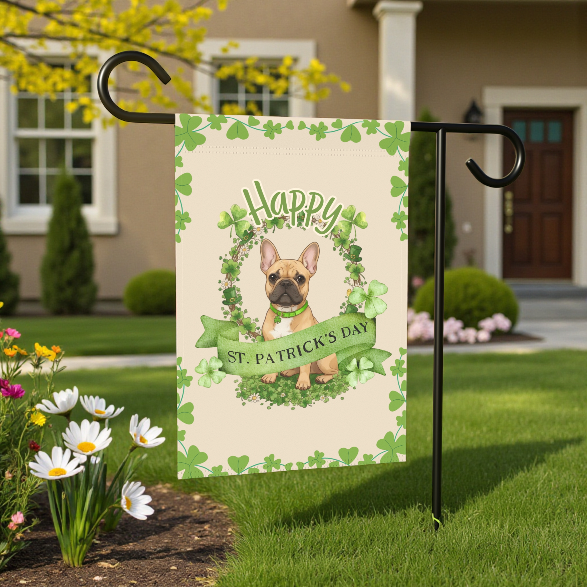 Happy St. Patrick's Day French Bulldog Garden Flag - size comparison - Dragonfire Gardens