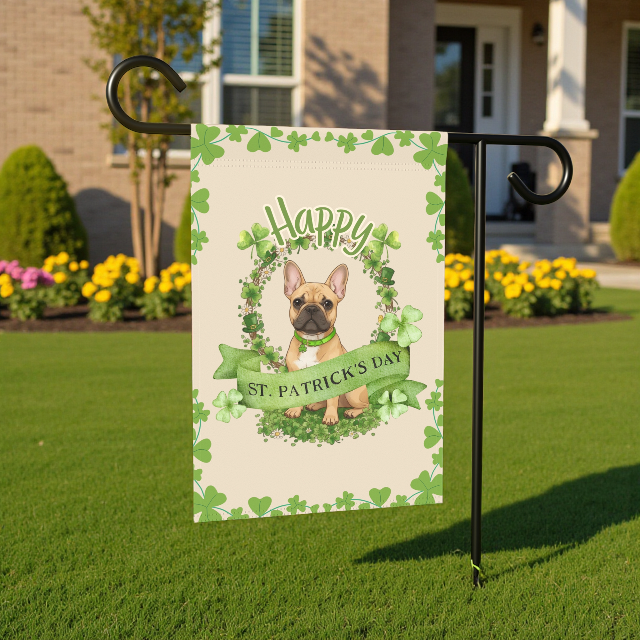 Happy St. Patrick's Day French Bulldog Garden Flag - lifestyle display - Dragonfire Gardens