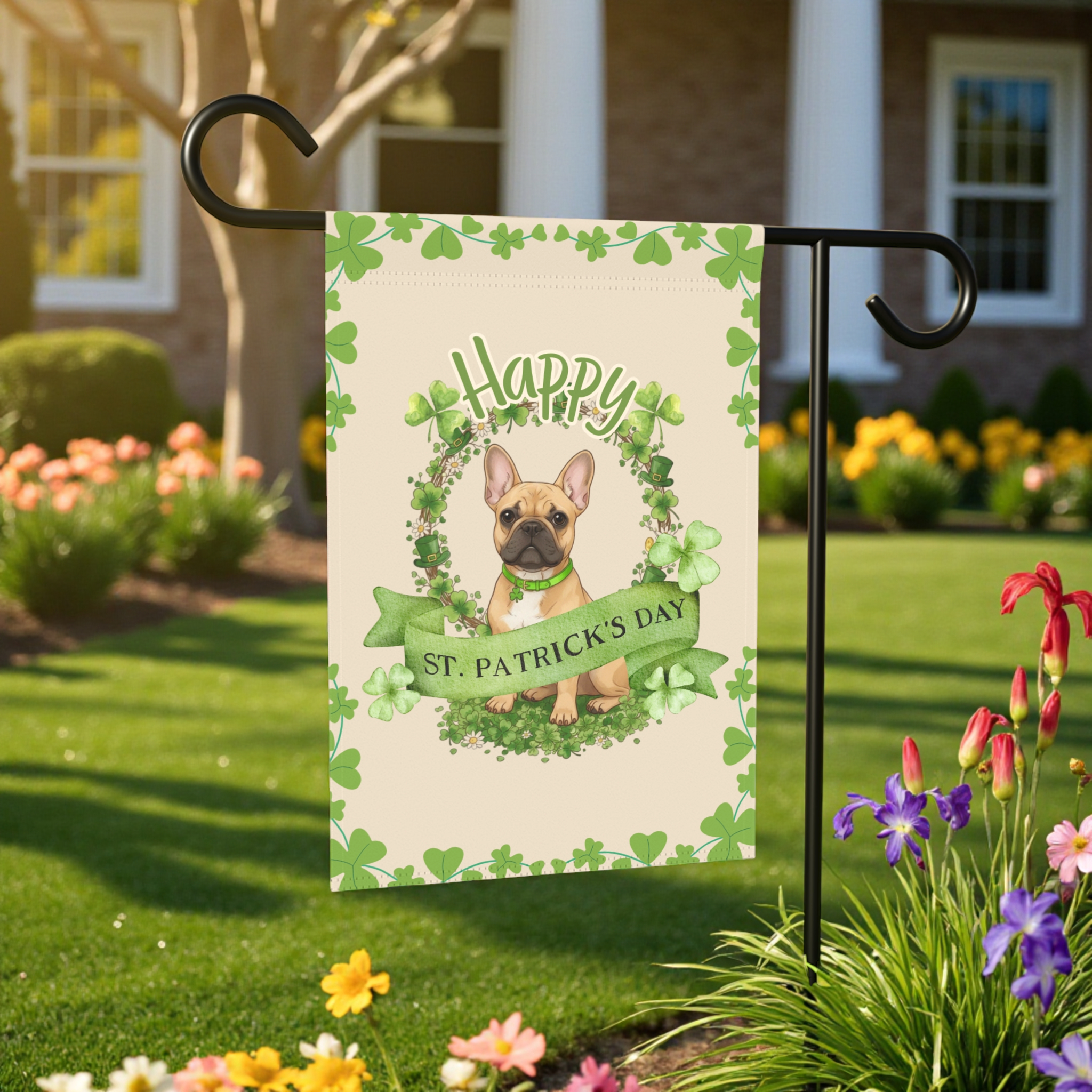 Happy St. Patrick's Day French Bulldog Garden Flag - front view - Dragonfire Gardens