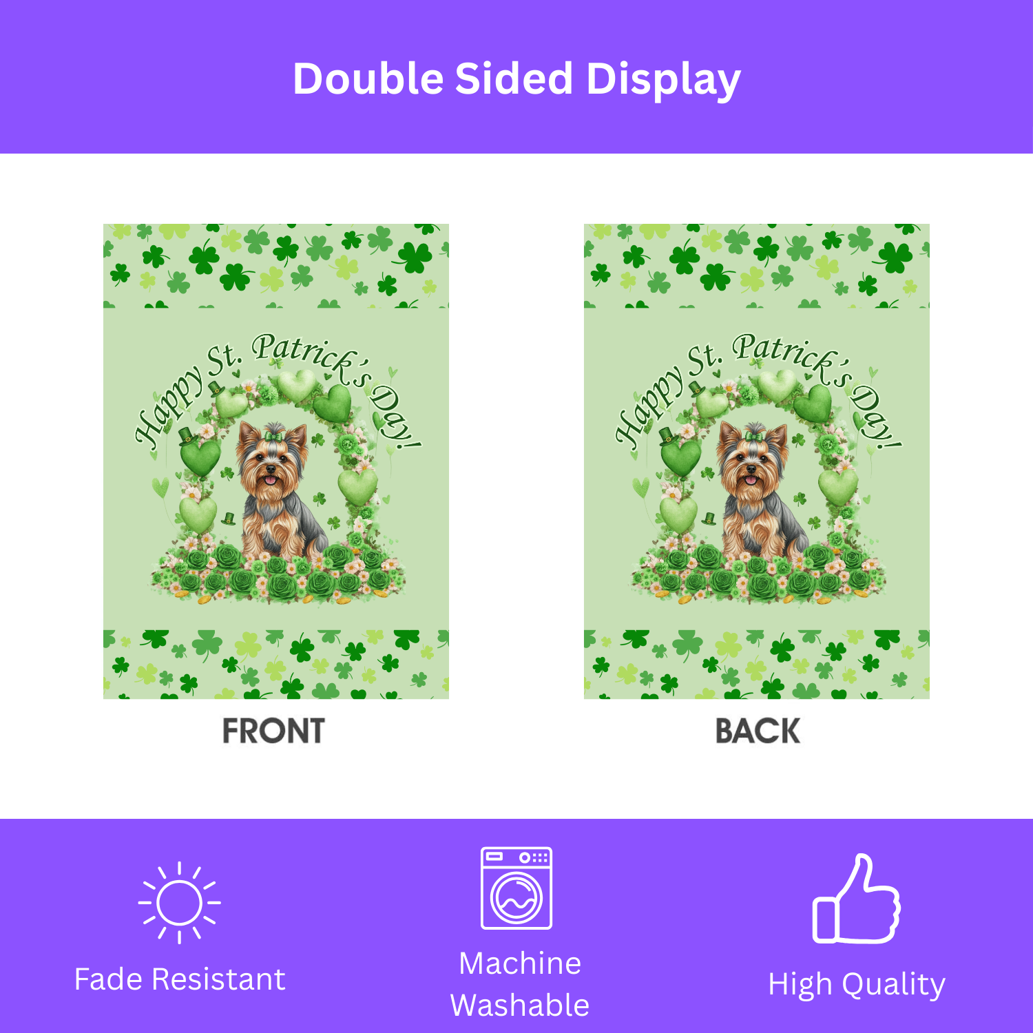 Happy St. Patrick's Day Yorkshire Terrier Garden Flag - double-sided design - Dragonfire Gardens