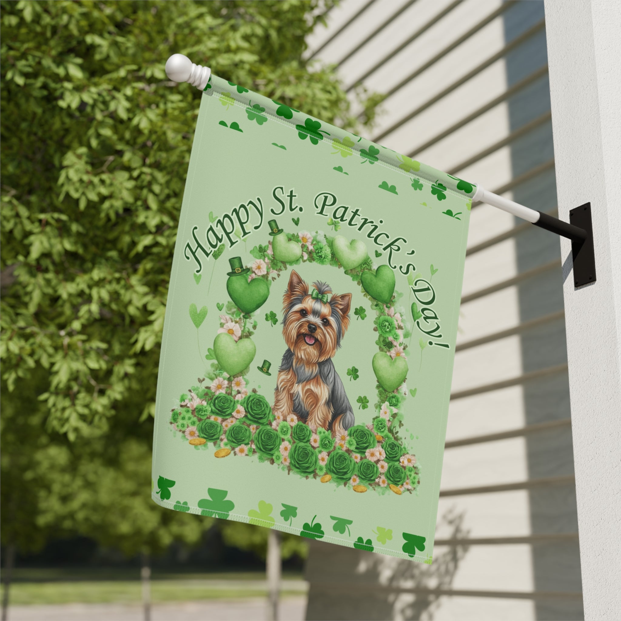 Happy St. Patrick's Day Yorkshire Terrier Garden Flag - close-up detail - Dragonfire Gardens