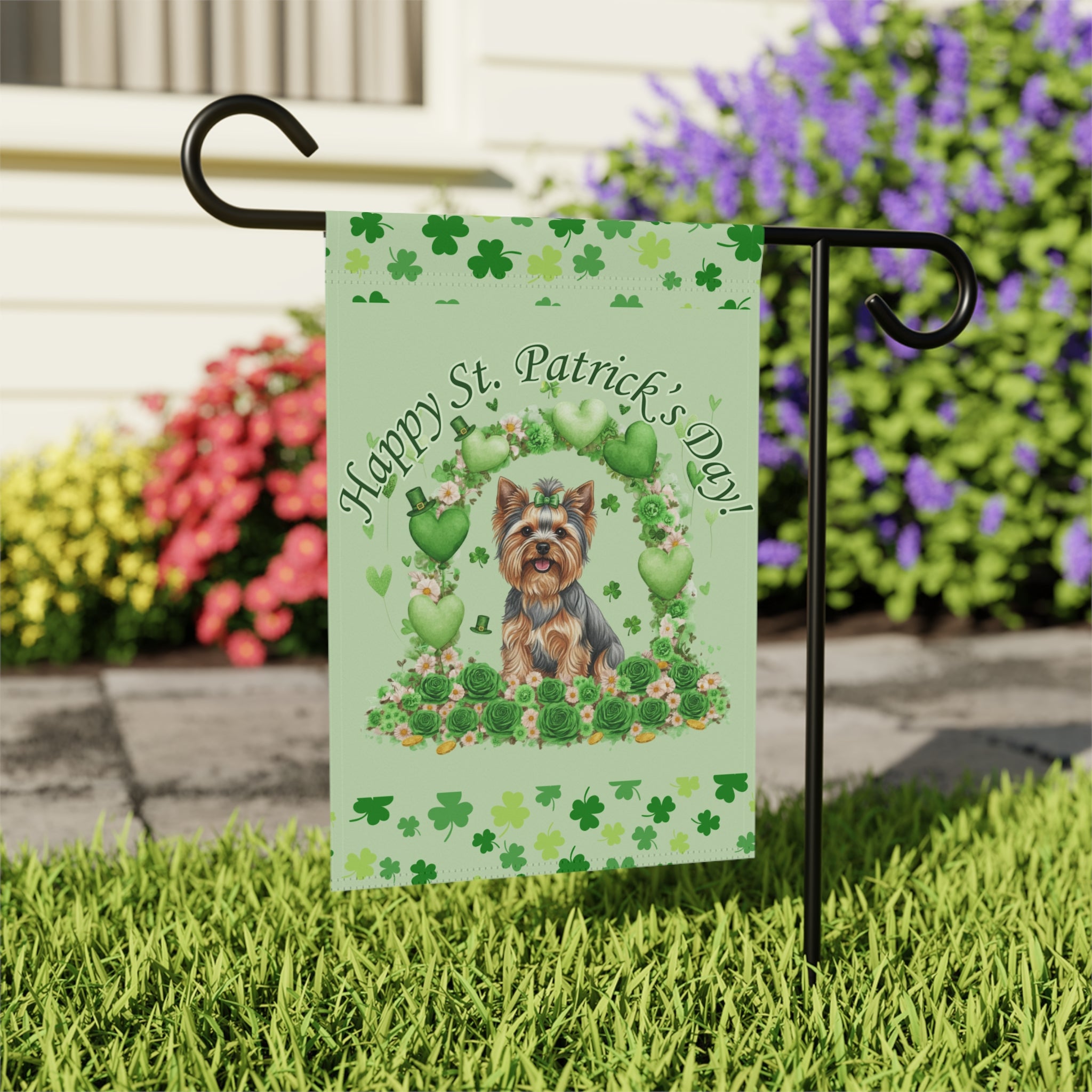 Happy St. Patrick's Day Yorkshire Terrier Garden Flag - outdoor display - Dragonfire Gardens