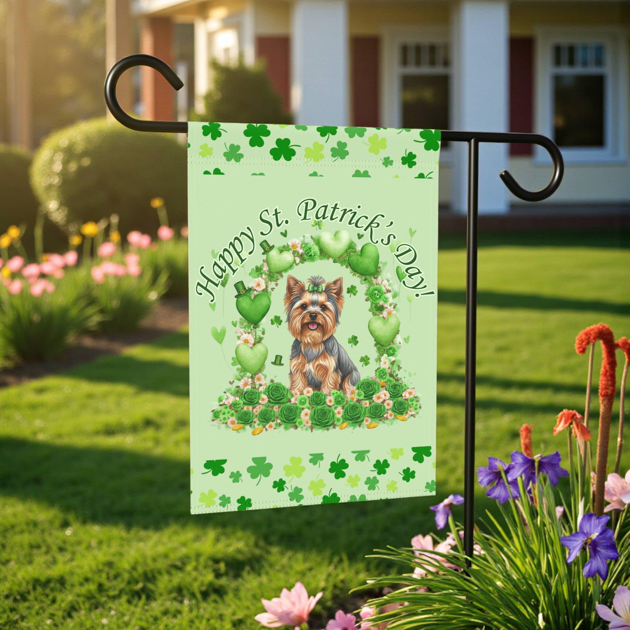 Happy St. Patrick's Day Yorkshire Terrier Garden Flag - size comparison - Dragonfire Gardens