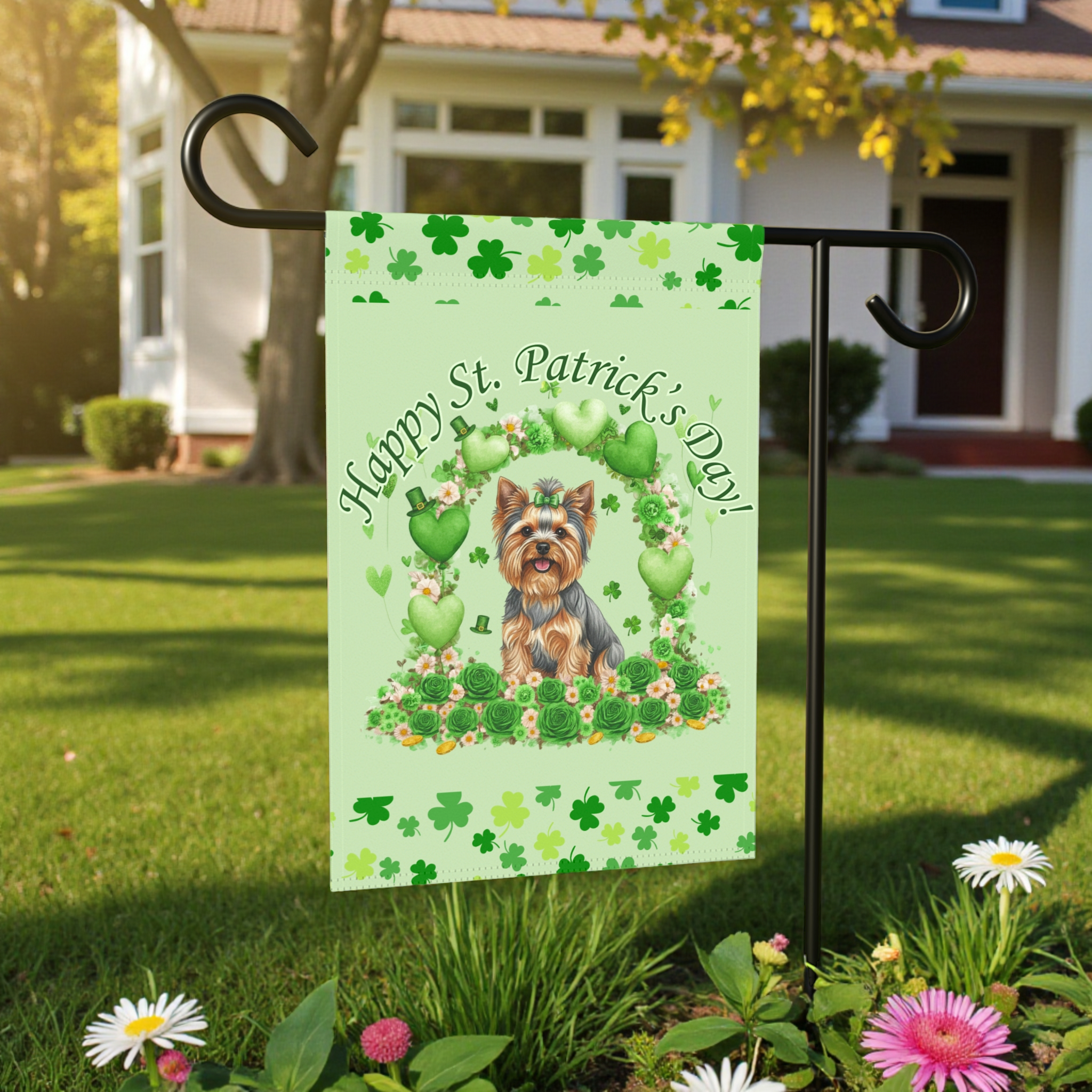 Happy St. Patrick's Day Yorkshire Terrier Garden Flag - front view - Dragonfire Gardens
