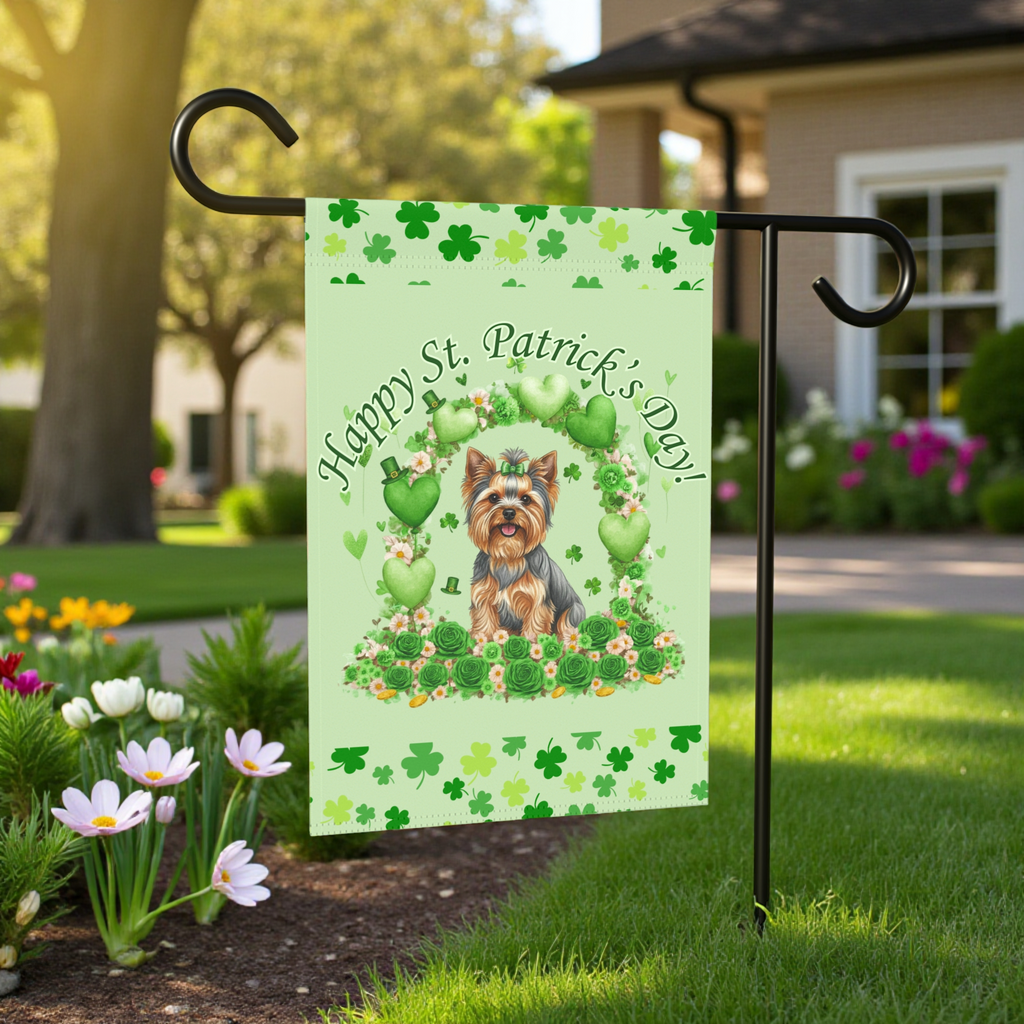 Happy St. Patrick's Day Yorkshire Terrier Garden Flag - lifestyle display - Dragonfire Gardens