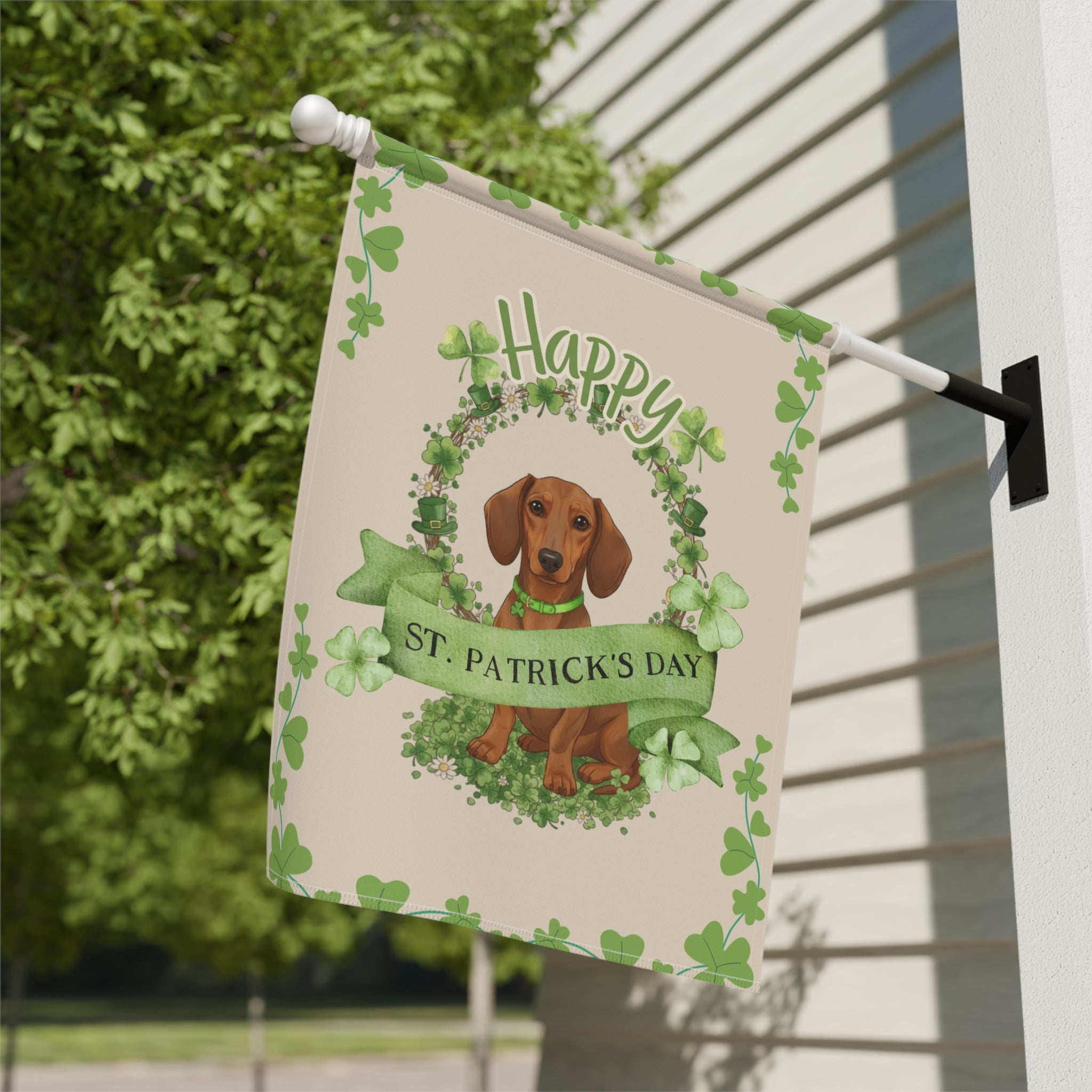 Happy St. Patrick's Day Dachshund Garden Flag - close-up detail - Dragonfire Gardens