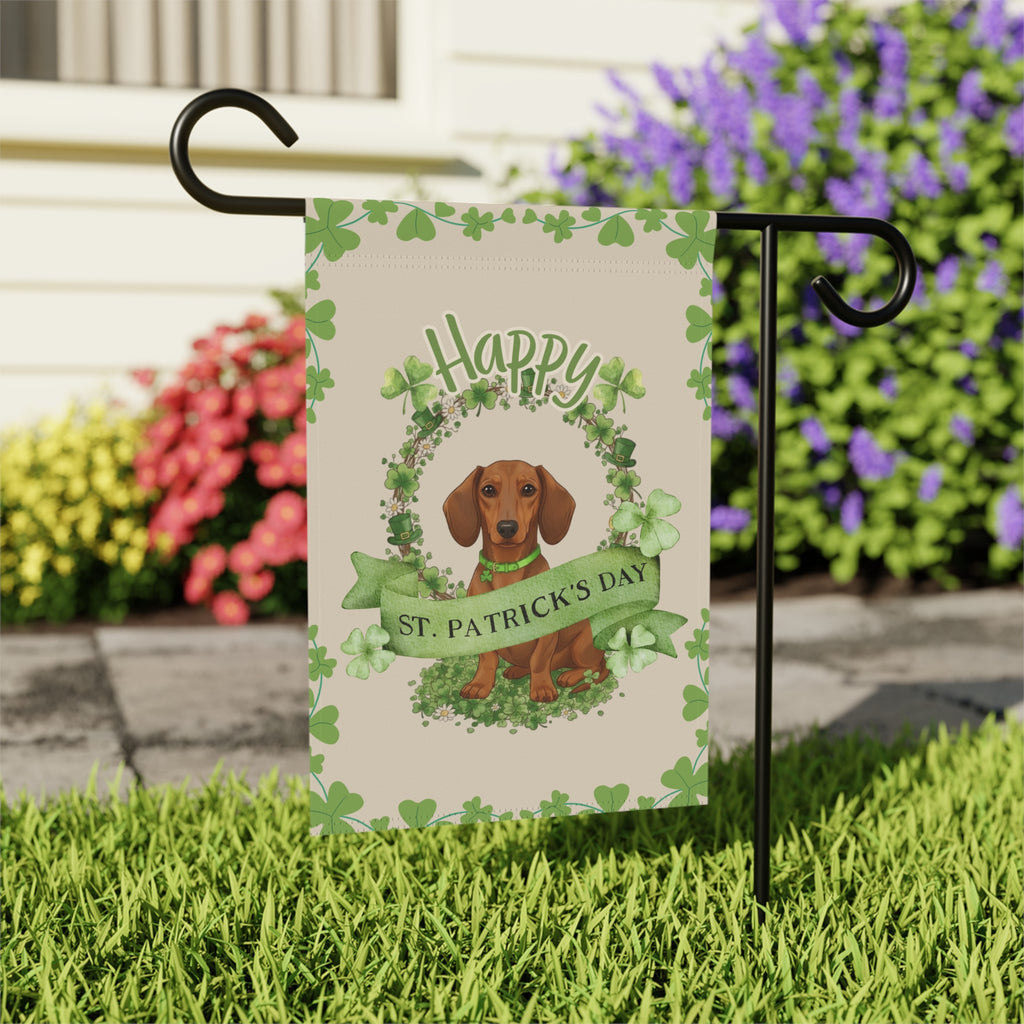 Happy St. Patrick's Day Dachshund Garden Flag - outdoor display - Dragonfire Gardens