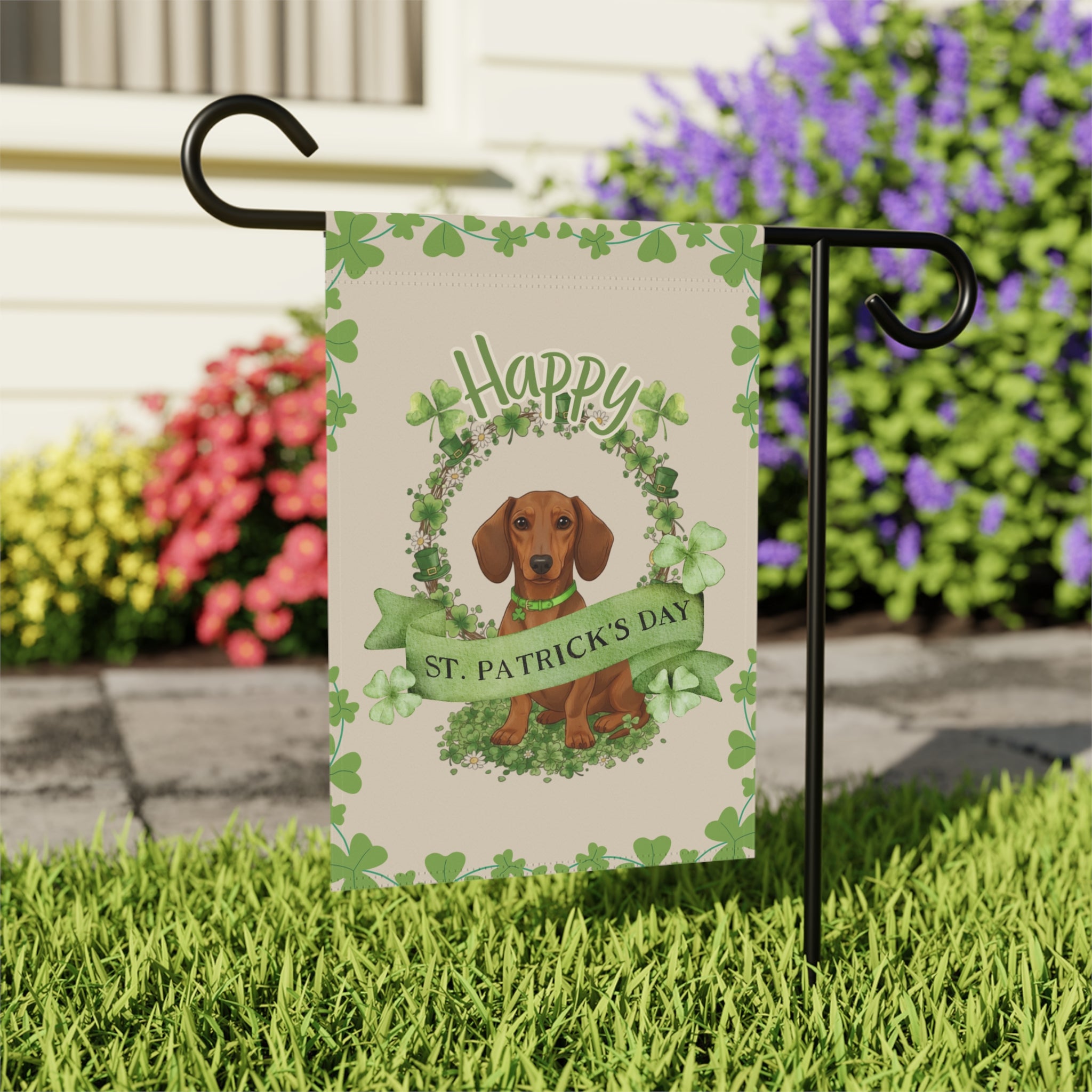 Happy St. Patrick's Day Dachshund Garden Flag - outdoor display - Dragonfire Gardens