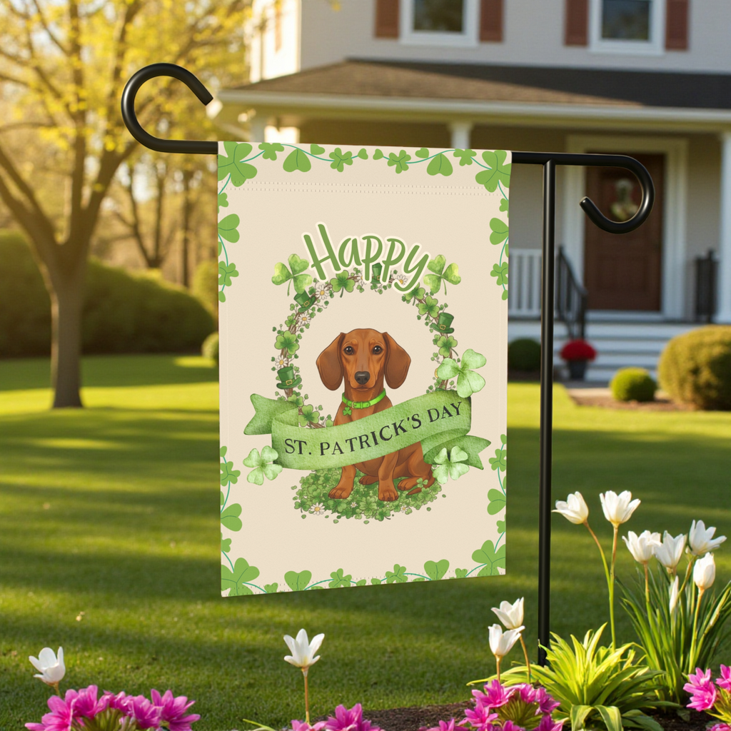 Happy St. Patrick's Day Dachshund Garden Flag - lifestyle display - Dragonfire Gardens