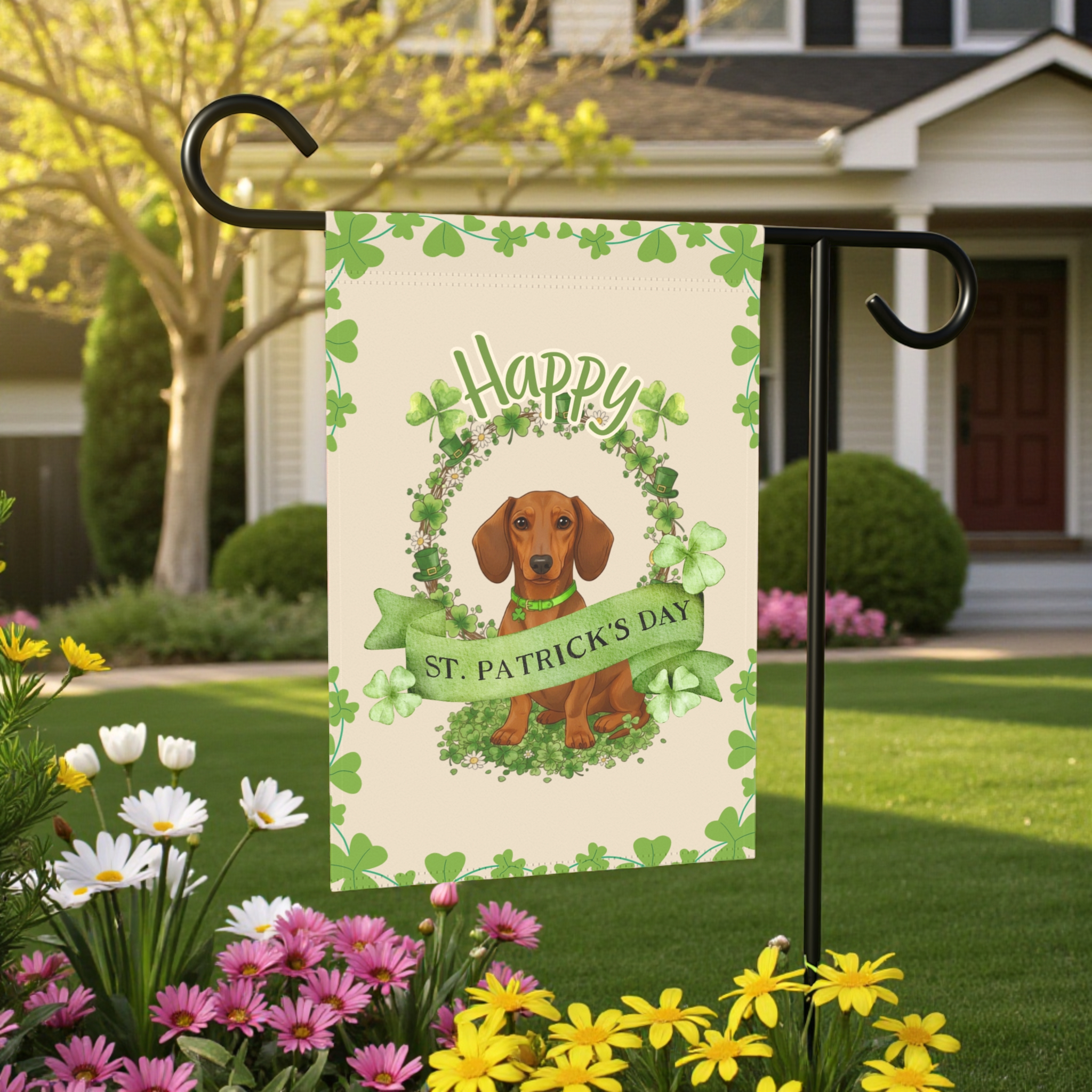 Happy St. Patrick's Day Dachshund Garden Flag - front view - Dragonfire Gardens
