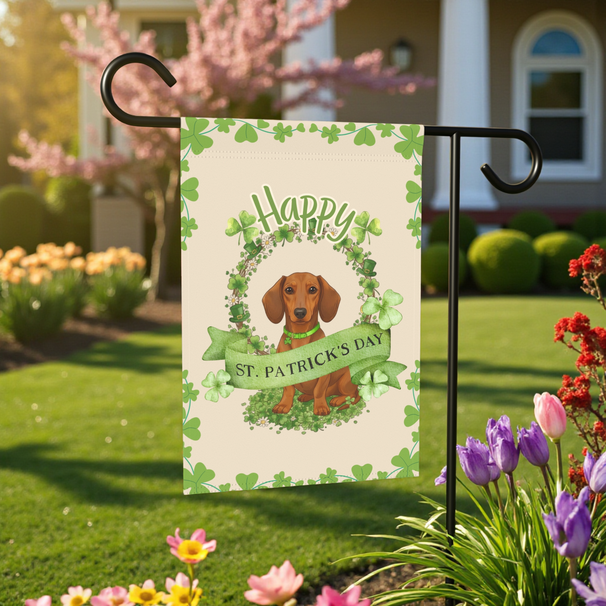 Happy St. Patrick's Day Dachshund Garden Flag - size comparison - Dragonfire Gardens