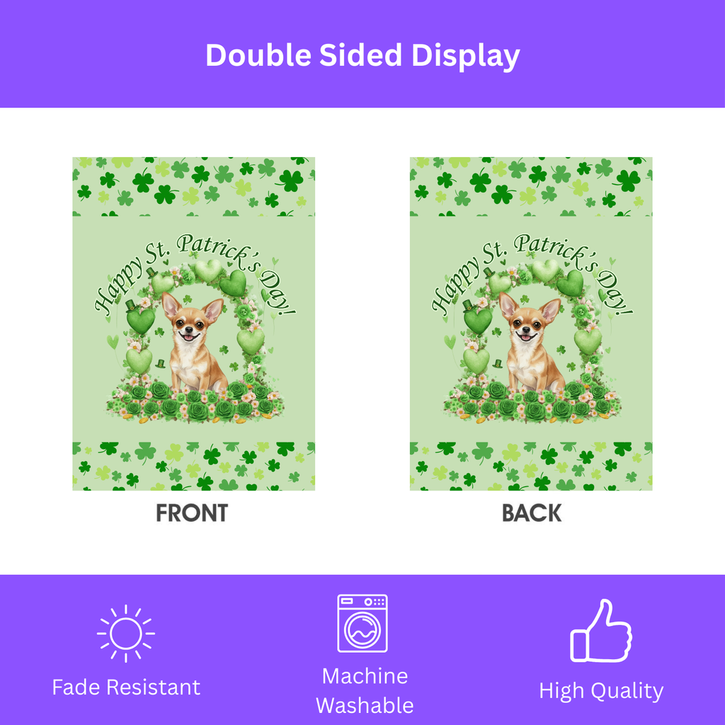 Happy St. Patrick’s Day Short Haired Chihuahua Garden Flag - double-sided design - Dragonfire Gardens