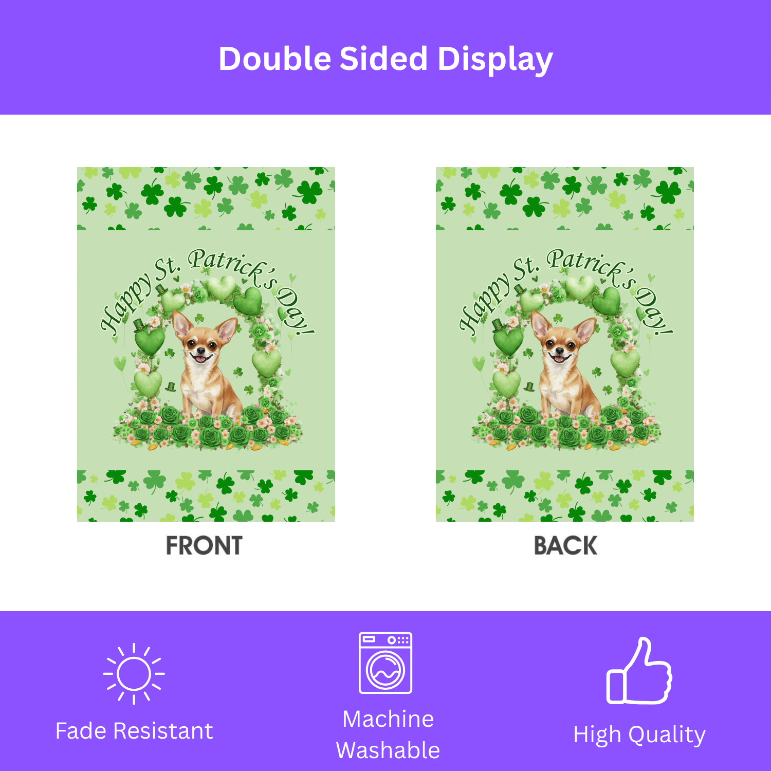 Happy St. Patrick’s Day Short Haired Chihuahua Garden Flag - double-sided design - Dragonfire Gardens
