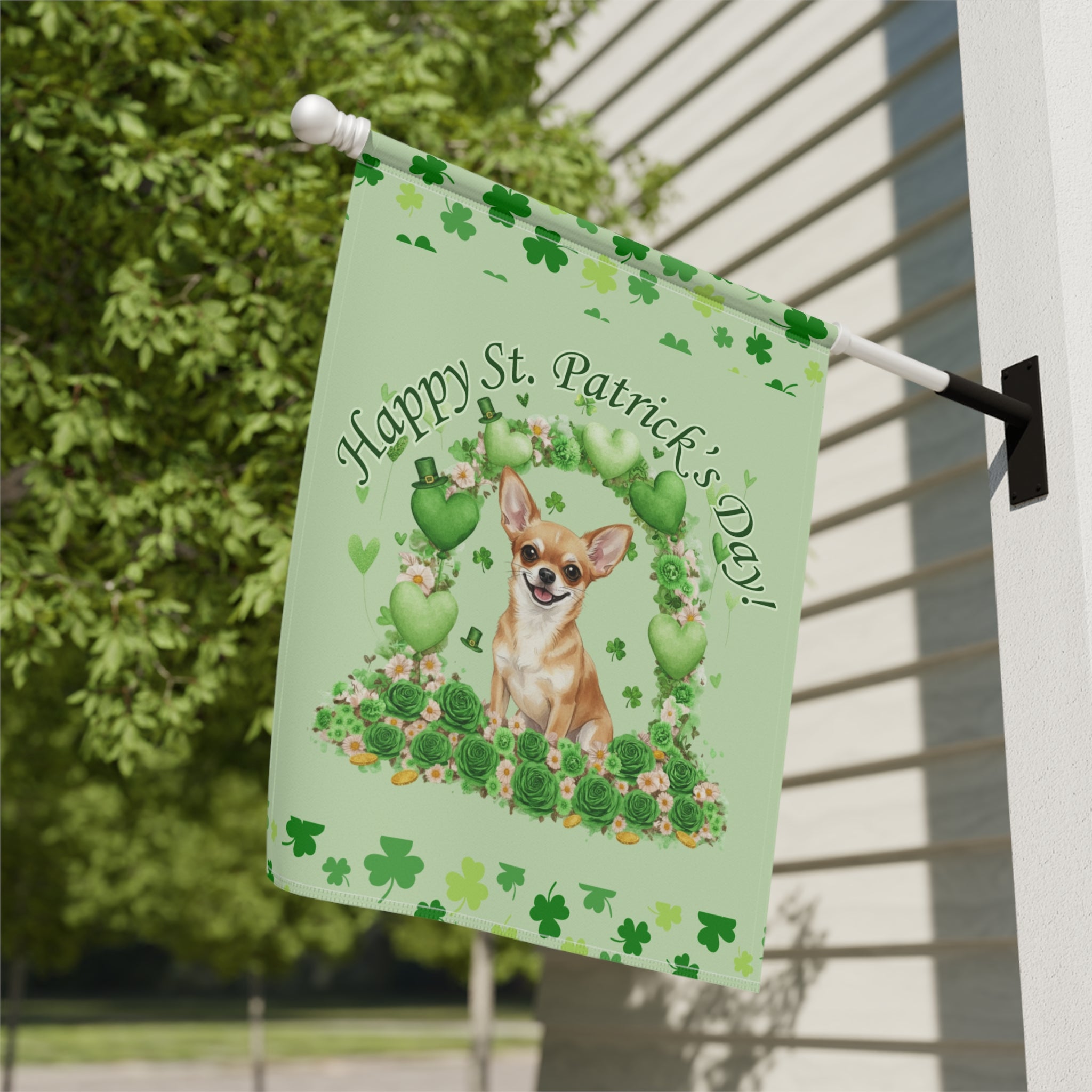 Happy St. Patrick’s Day Short Haired Chihuahua Garden Flag - close-up detail - Dragonfire Gardens