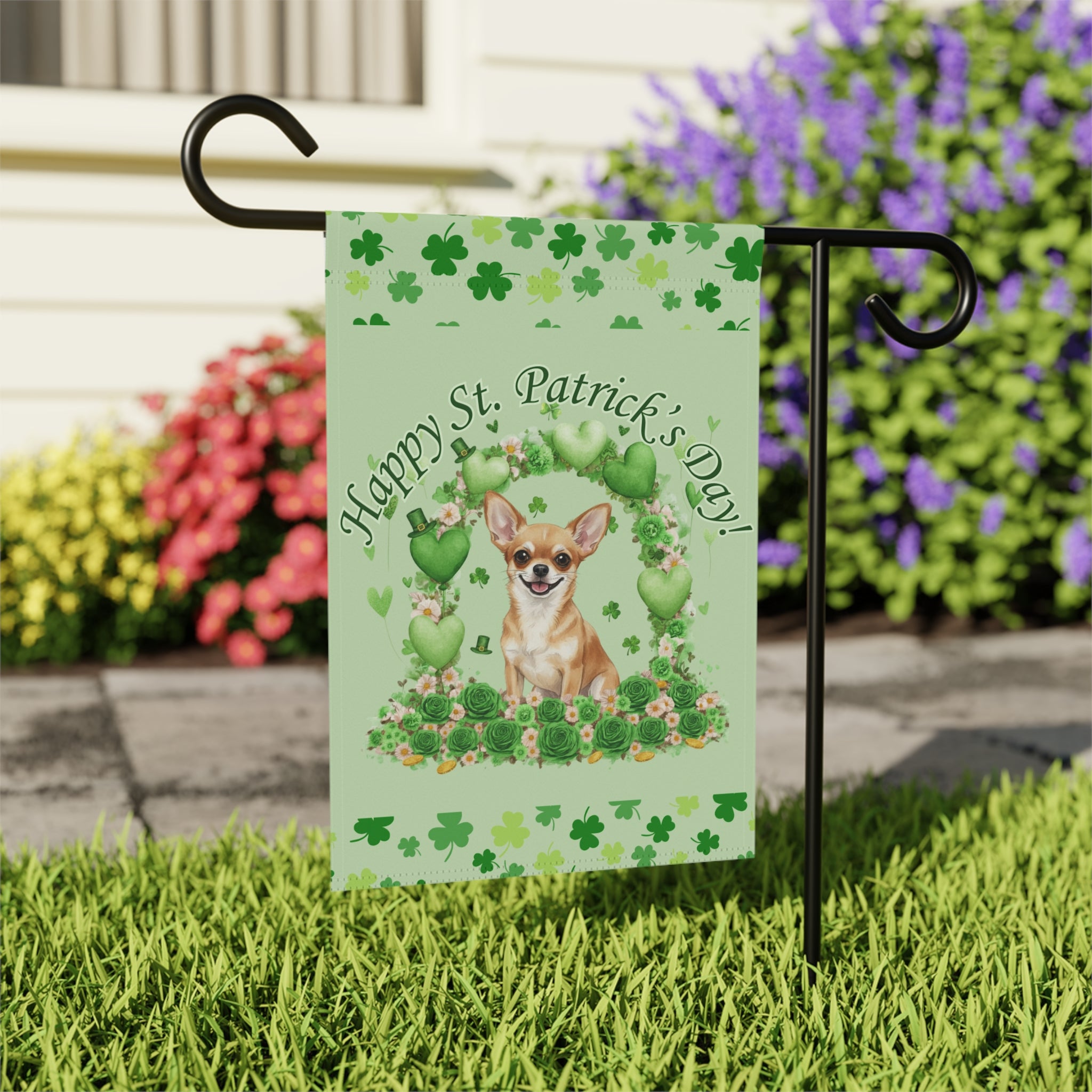 Happy St. Patrick’s Day Short Haired Chihuahua Garden Flag - outdoor display - Dragonfire Gardens