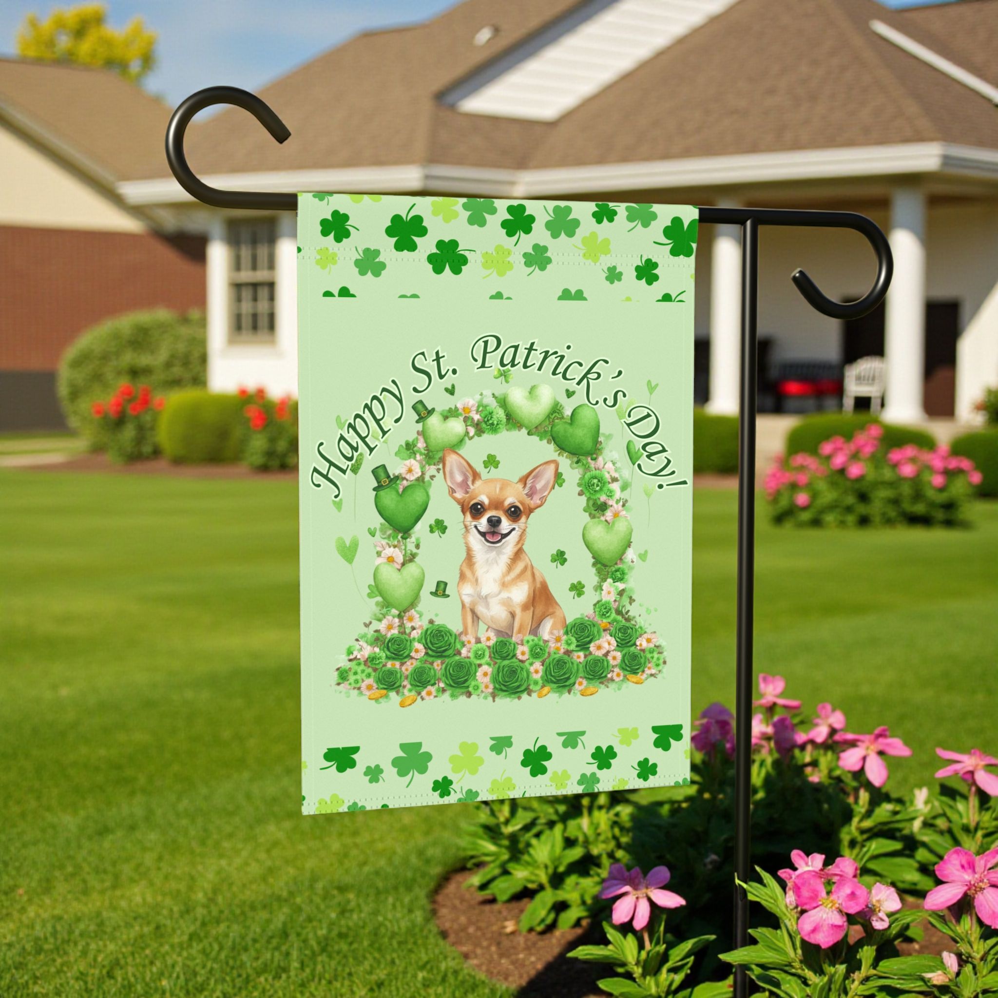 Happy St. Patrick’s Day Short Haired Chihuahua Garden Flag - lifestyle display - Dragonfire Gardens