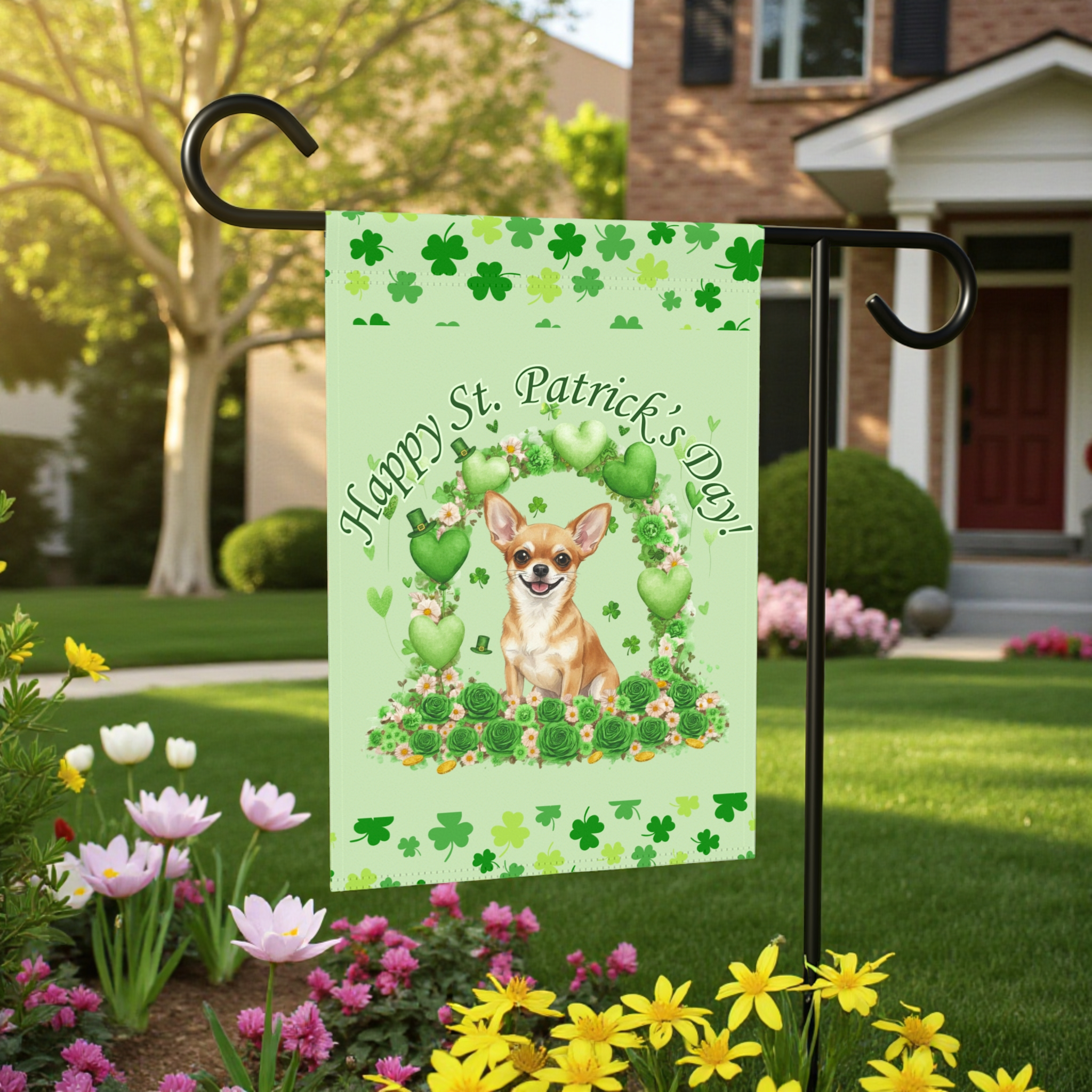 Happy St. Patrick’s Day Short Haired Chihuahua Garden Flag - size comparison - Dragonfire Gardens