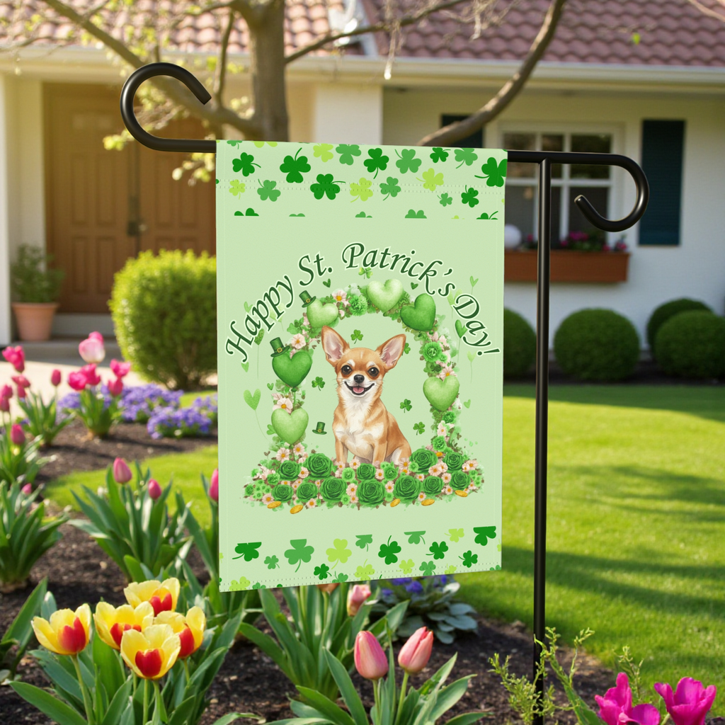 Happy St. Patrick’s Day Short Haired Chihuahua Garden Flag - front view - Dragonfire Gardens