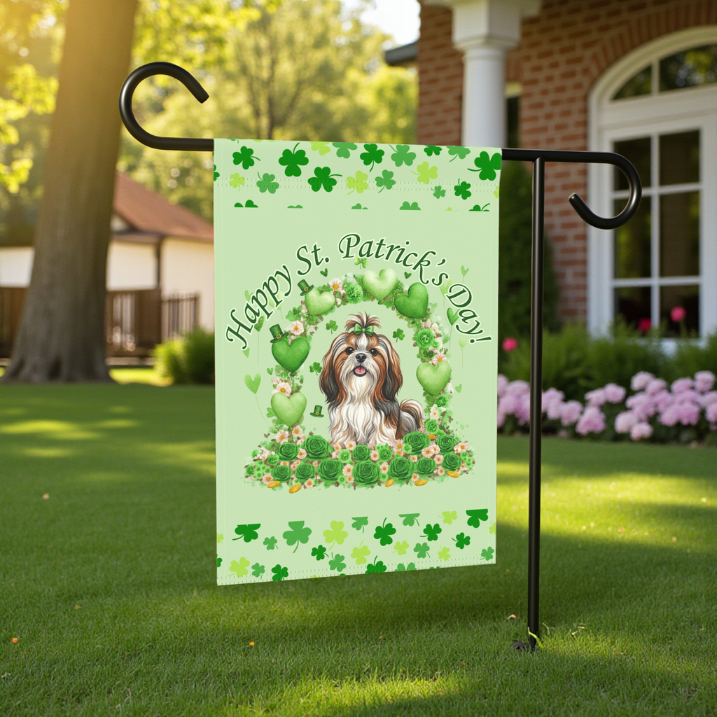 Happy St. Patrick's Day Shih Tzu Garden Flag - size comparison - Dragonfire Gardens