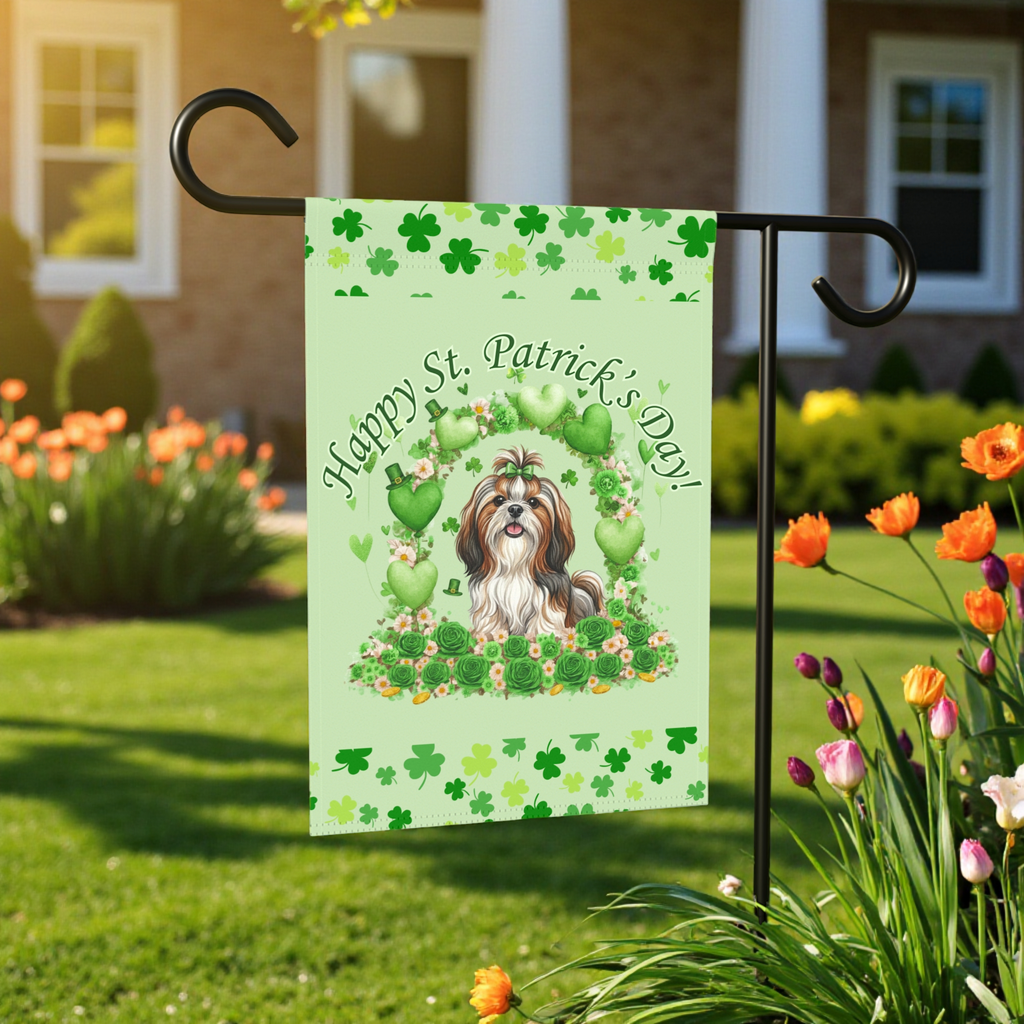 Happy St. Patrick's Day Shih Tzu Garden Flag - lifestyle display - Dragonfire Gardens