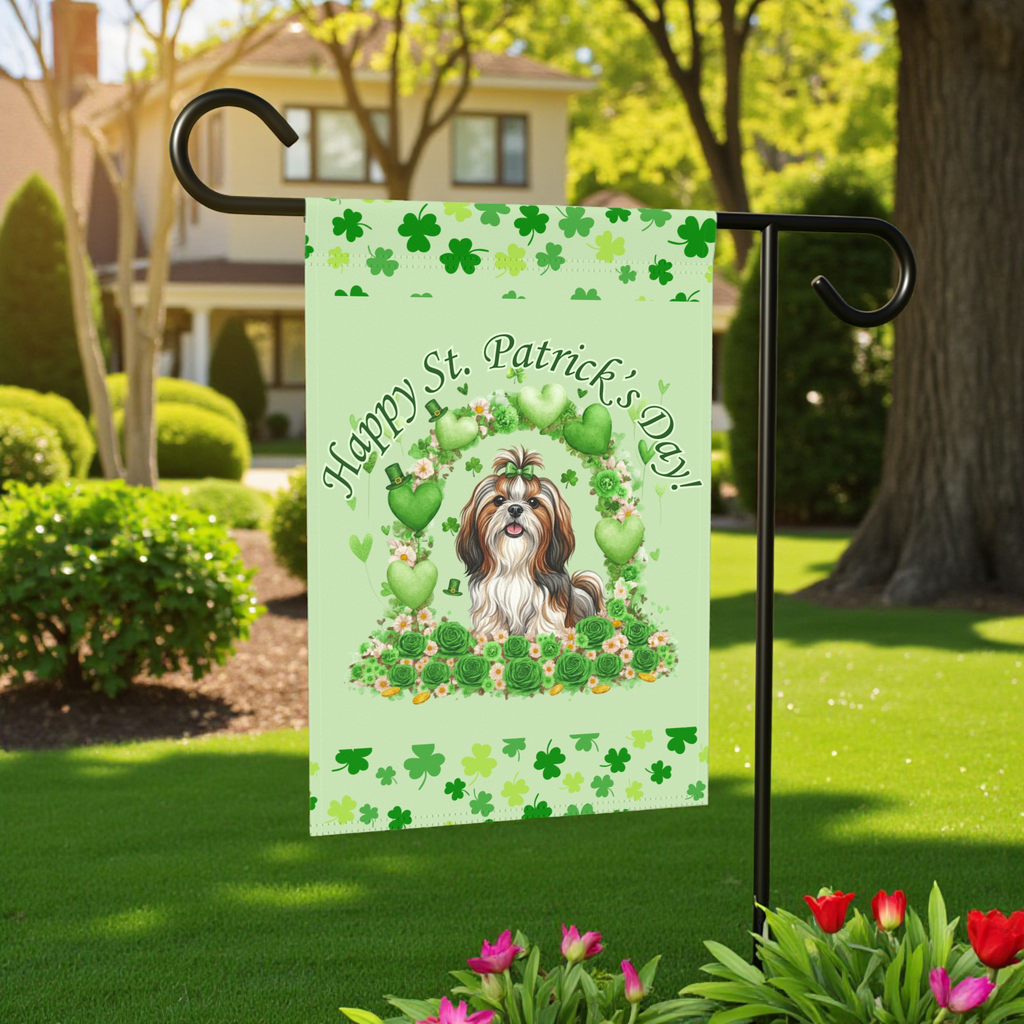 Happy St. Patrick's Day Shih Tzu Garden Flag - front view - Dragonfire Gardens