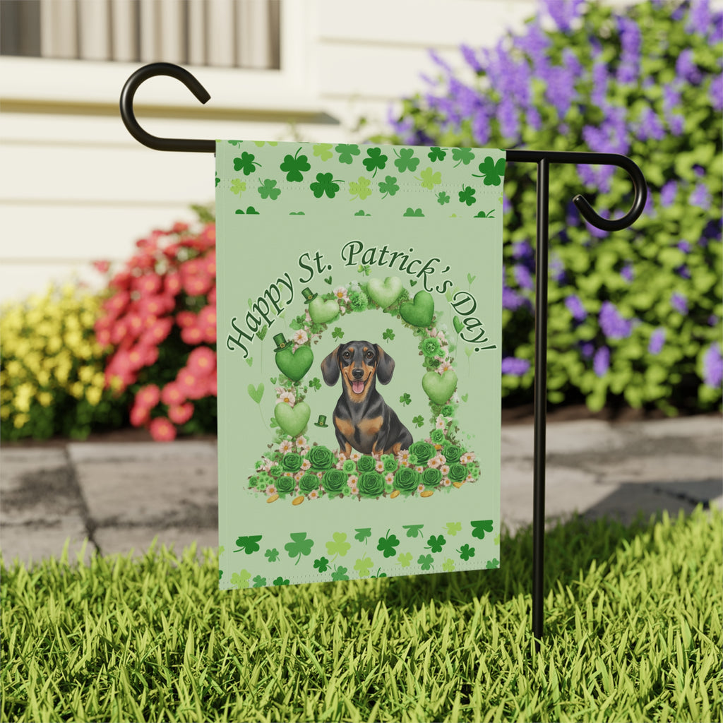 Happy St. Patrick's Day Arch Dachshund Garden Flag - outdoor display - Dragonfire Gardens