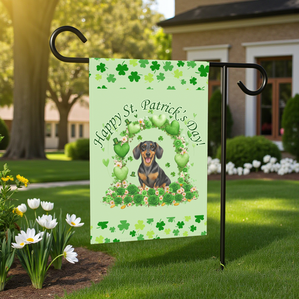 Happy St. Patrick's Day Arch Dachshund Garden Flag - size comparison - Dragonfire Gardens