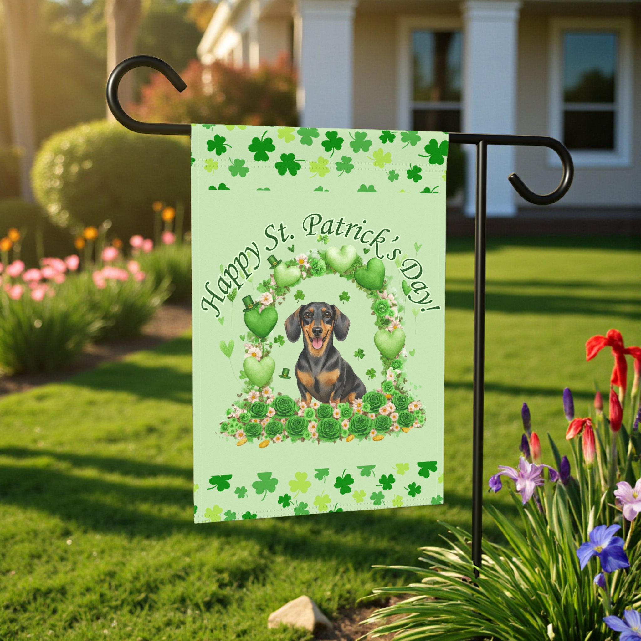 Happy St. Patrick's Day Arch Dachshund Garden Flag - lifestyle display - Dragonfire Gardens