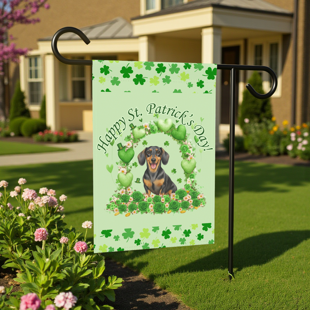 Happy St. Patrick's Day Arch Dachshund Garden Flag - front view - Dragonfire Gardens