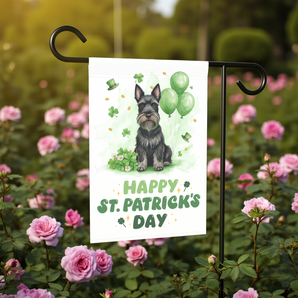 Scottish Terrier St. Patrick’s Day Garden Flag - front view - Dragonfire Gardens