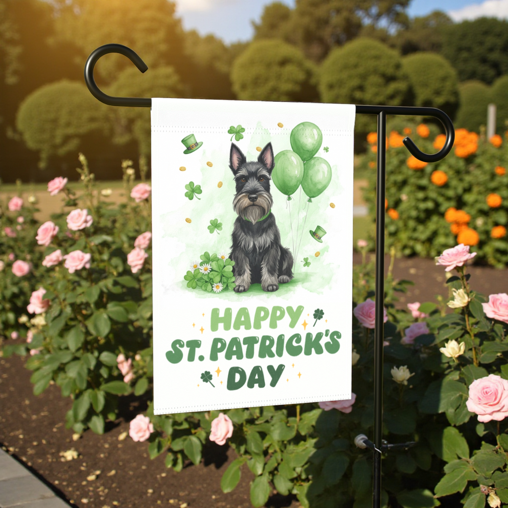 Scottish Terrier St. Patrick’s Day Garden Flag - size comparison - Dragonfire Gardens